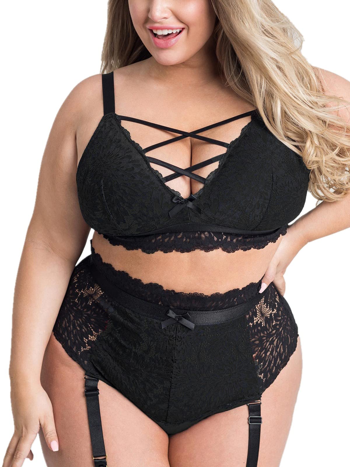 Chic Lover Plus Size Lingerie Set for Women Mesh Black Lace Bra High Waist Suspender 2 Pieces Underwear