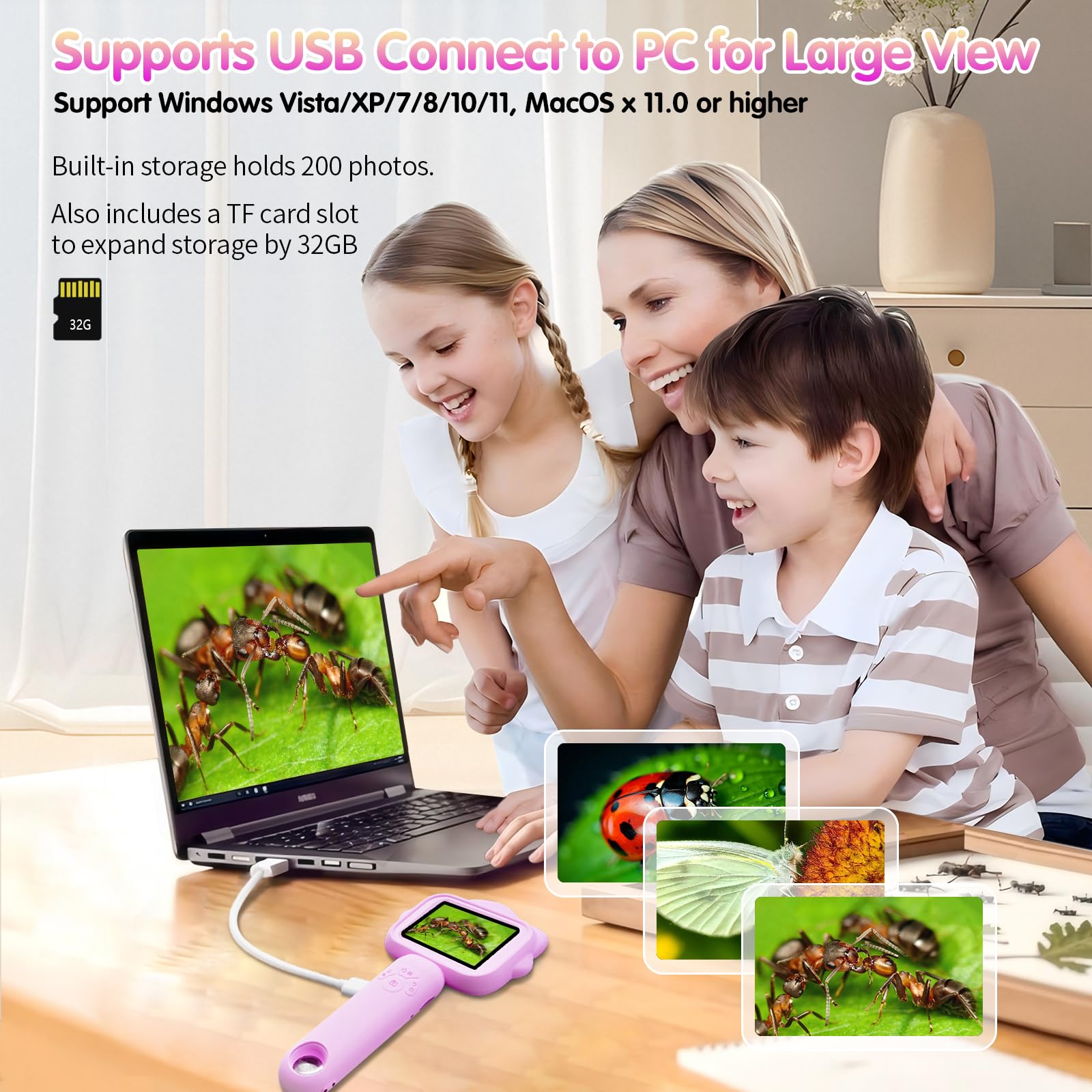 Microscopio para niños, microscopio para niños con diapositiva de muestra, kit de ciencia educativa, microscopios macro de enfoque fijo para niños, aumento de 500x, tarjeta SD de 32 GB incluida 6