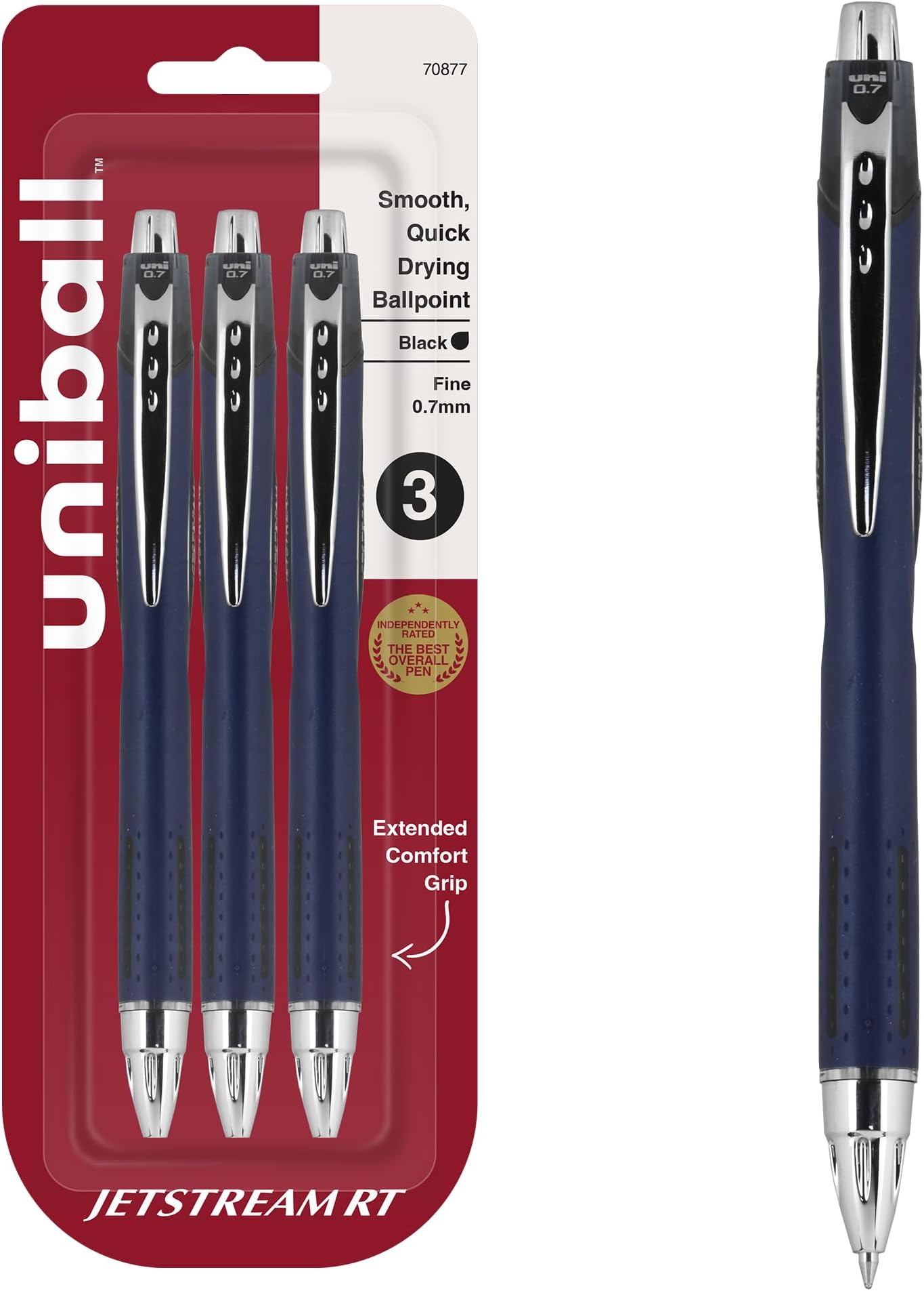 Uni-Ball Jetstream Retractable Ball Point Pens,0.7mm, Black Ink, 3-Count