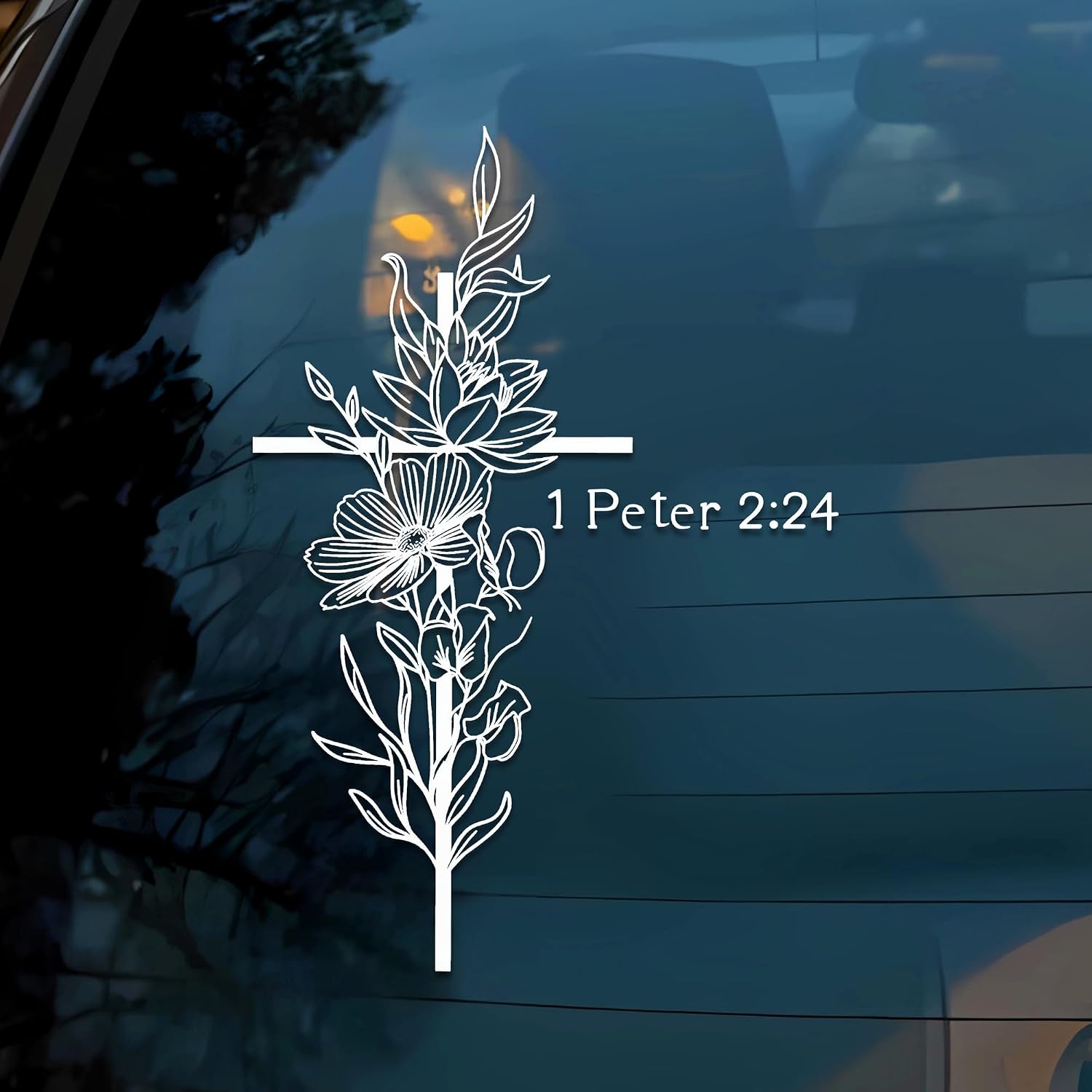 Peter 2:24 Floral Cross Car Decal Bible Verse Flower Christian Inspiration Humor Car Window Accessories Affirmations Vinyl Waterproof 6 Inches Bumper Sticker Gift for Mom Dad Friend