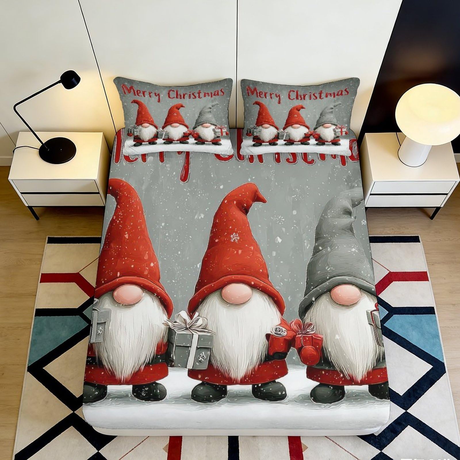 3D Printed Christmas Gnome Fitted Sheet Microfiber Red Grey Nordic Elf Mattress Cover for Bedroom Guest Room Holiday Decor 90x200x25cm