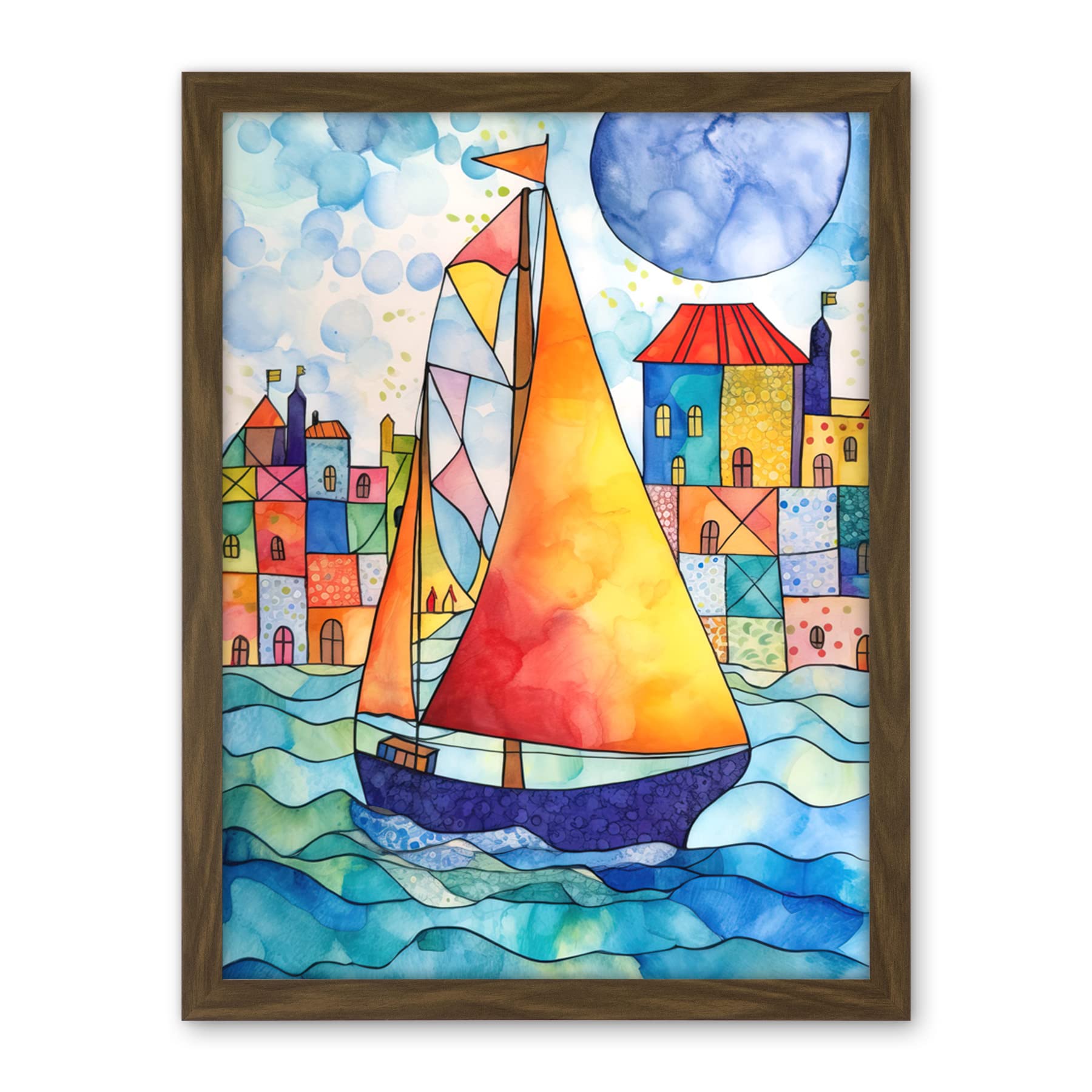 Artery8 Sailboat By Harbour Folk Art Artwork Framed Wall Art Print 18X24 Inch