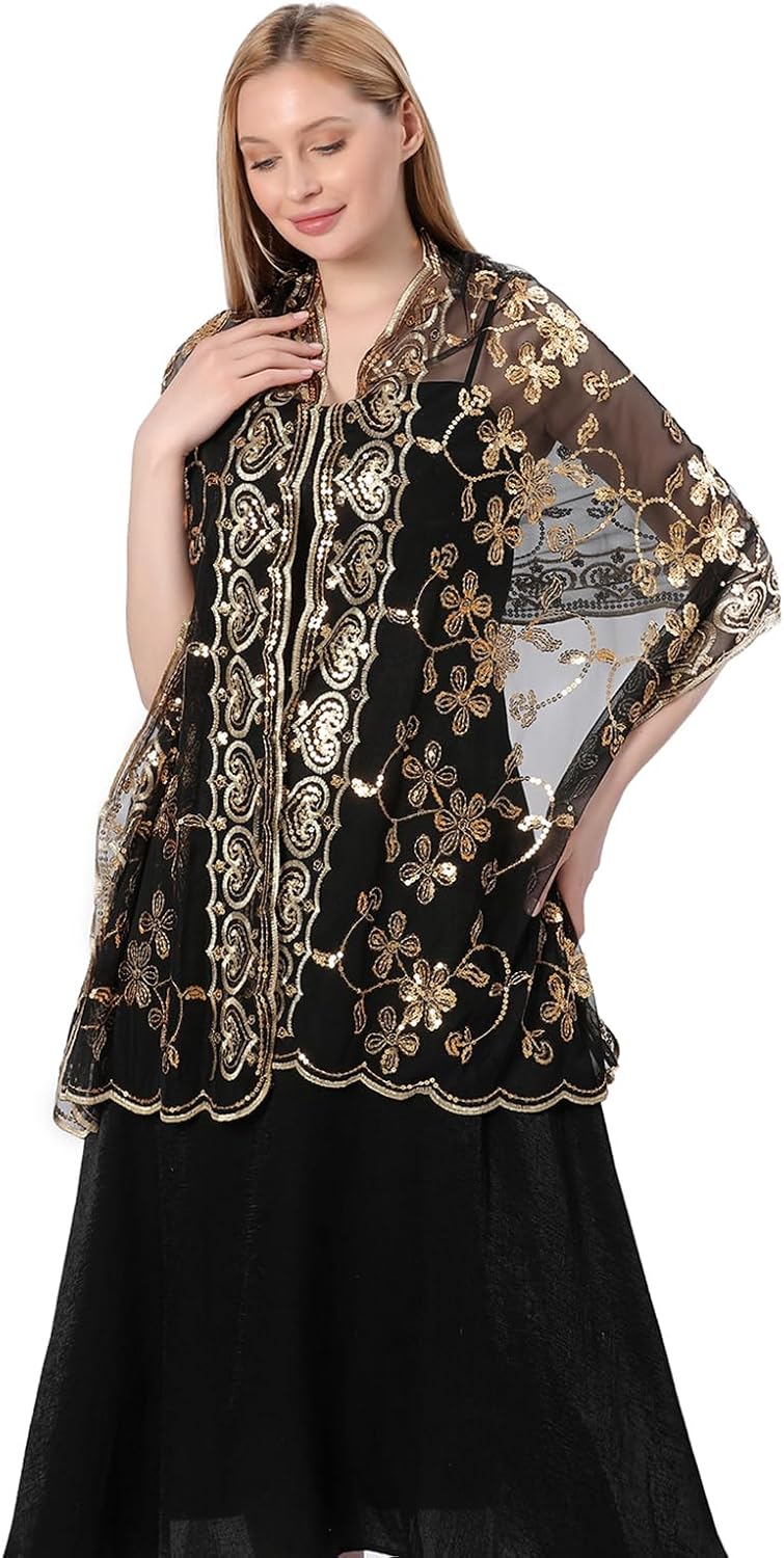 Shawls and Wraps for Evening Dresses,Women Formal 1920s Sequin Flower Sheer Shawls and Wraps for Wedding- - Image 4
