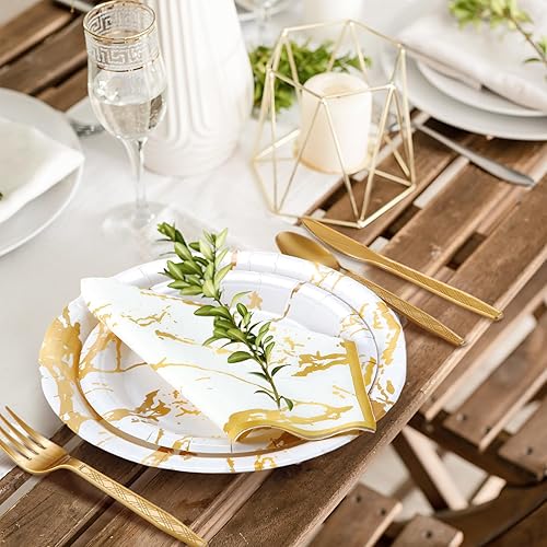 Miniatura 3 de Bokon El juego de vajilla desechable de 350 piezas de suministros de fiesta color blanco dorado incluye 100 platos, 50 vasos de papel de 9 onzas, 50