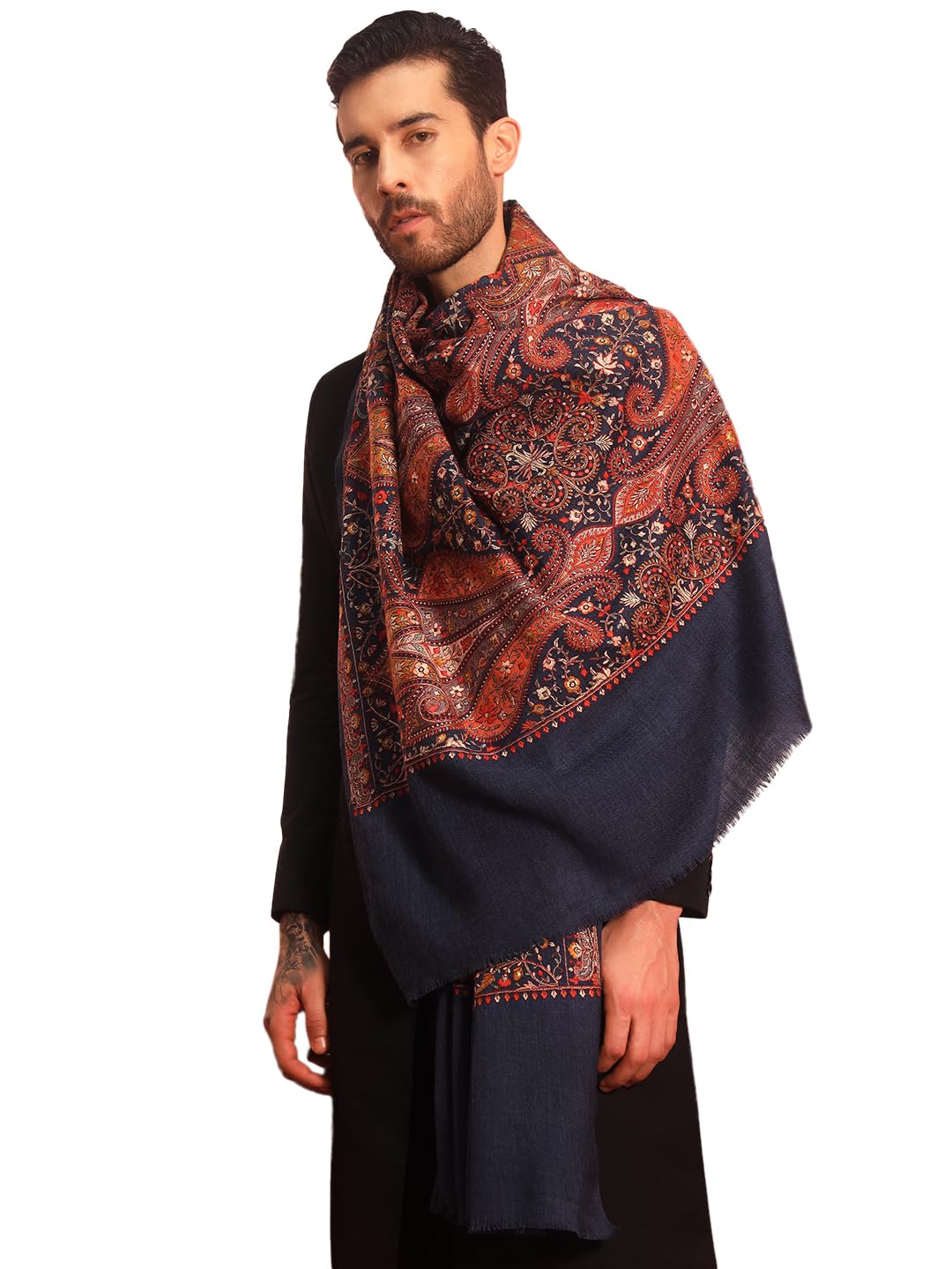 Men’s 100% Pure Wool Sozni Hand Embroidered Stole (Size-28x80in, 71x203cm)-image-6