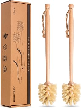 DEBETOOL 2-Pack Natural Wooden Bottle Brush with Sisal Bristles, Long Handle Bottle Brush Cleaner for Wide Mouth Jars, Water Bottles, Cups, Glasses, Baby Bottles Non-Scratch