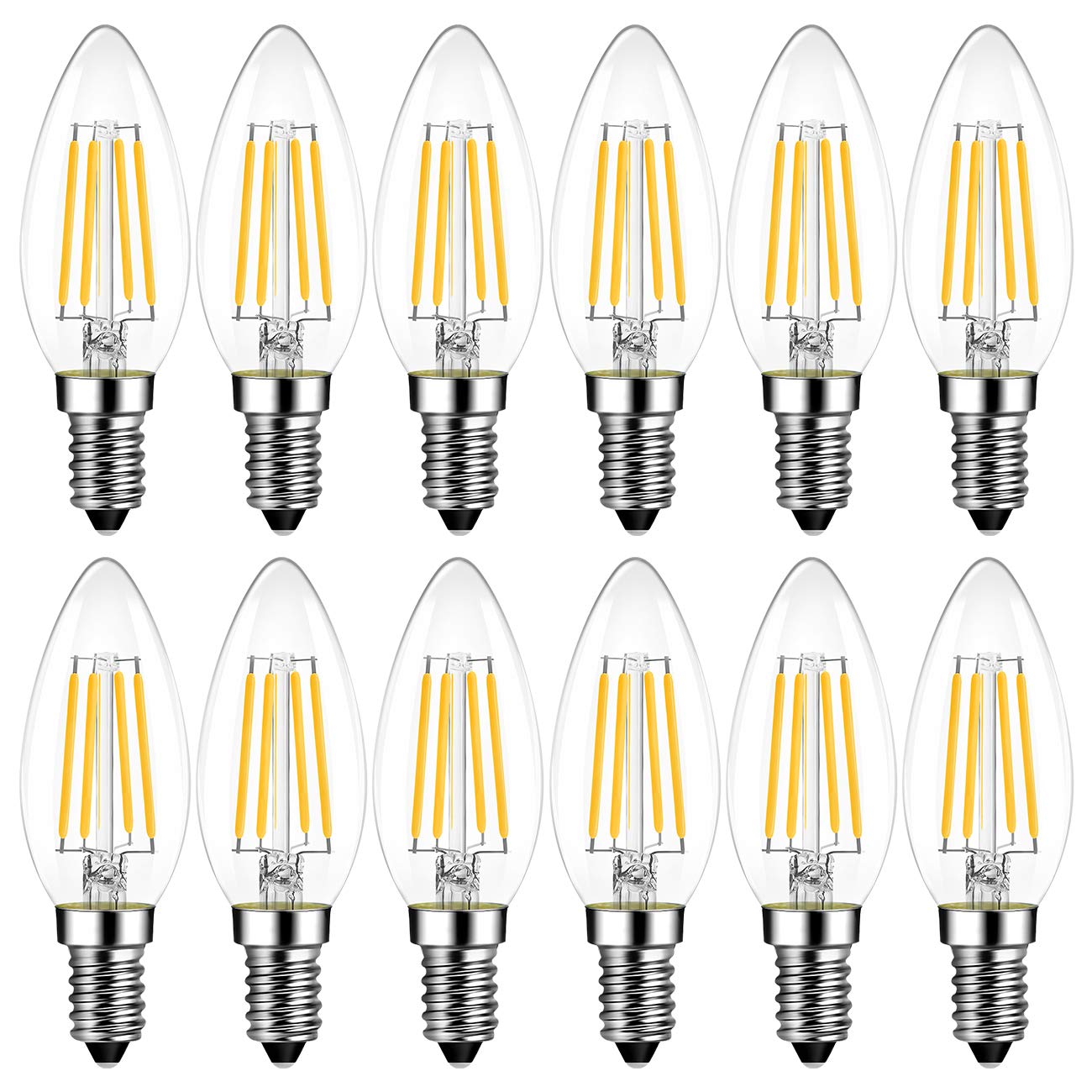 LVWIT E14 Kerze LED Lampe für Kronleuchter, 470 lm, E14 Glühbirne Kerzeform 4W ersetzt 40 Watt, 2700K Warmweiß, Filament Fadenlampe, Glas, nicht dimmbar (12er Pack)