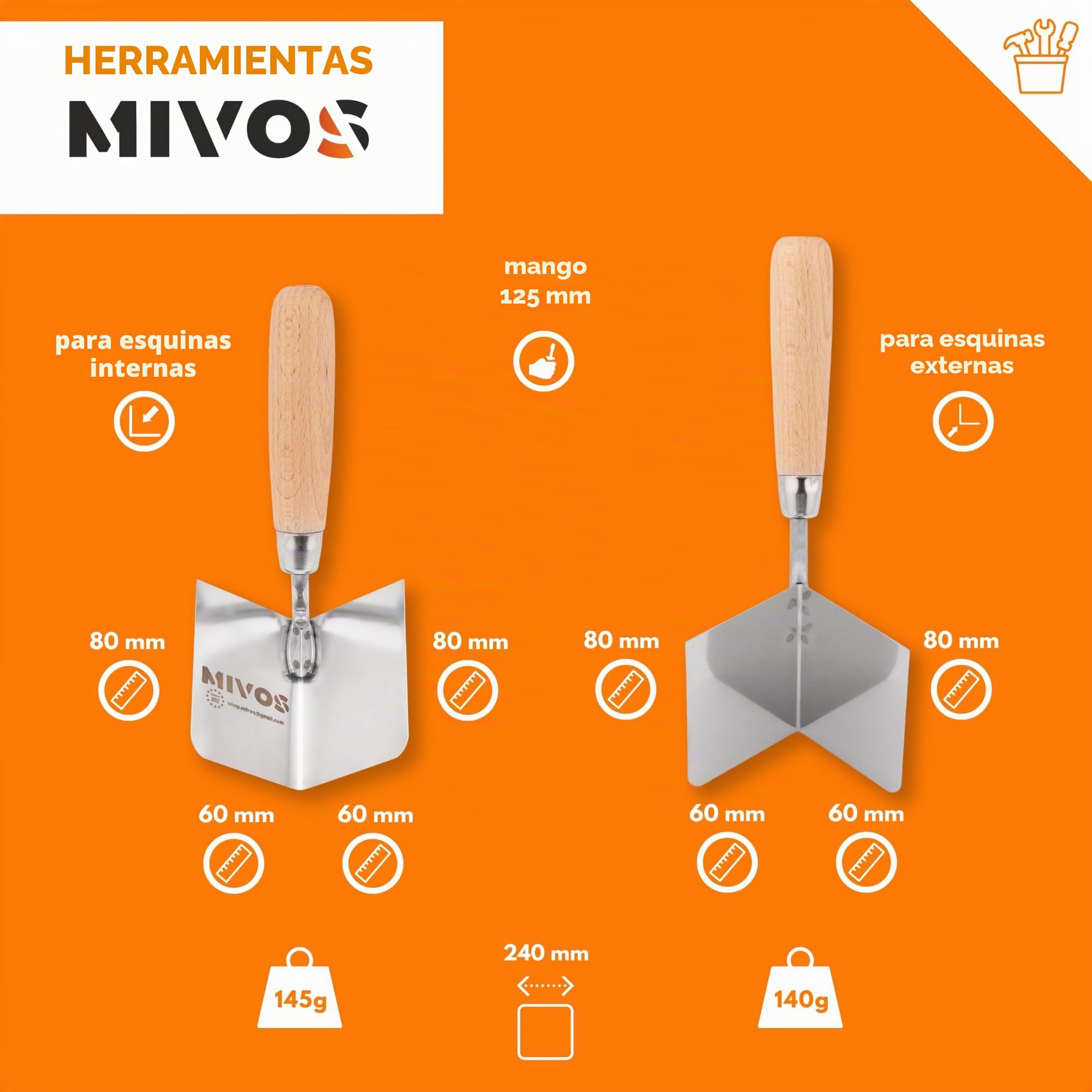 Mivos 2 paletas de Esquina inoxidables 80 x 60 mm – Paleta de Esquina Interior y Exterior de Acero Inoxidable – Paleta de Borde Interior y Exterior con Mango de Madera – Espátula de Esquina
