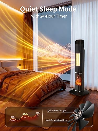 Miniatura 4 de YEW Calentador de espacio de torre de 32 pulgadas con termostato y control remoto, calentador eléctrico de cerámica PTC de 1500 W con llama 3D,