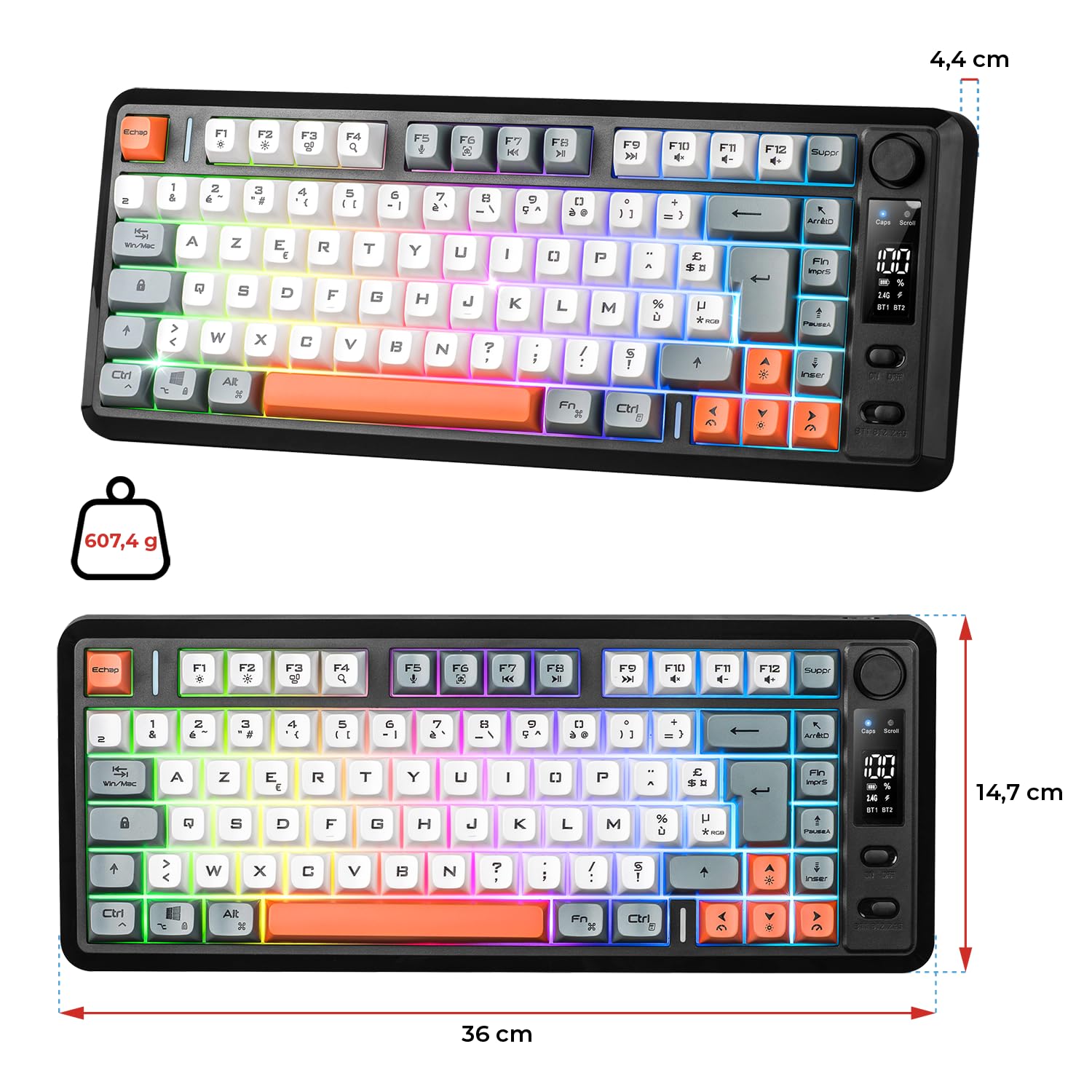 Spirit Of Gamer - Elite K30, Clavier Gamer TKL sans Fil AZERTY, Double Connexion Bluetooth & RF 2,4 GHz, Touches Semi-Mécanique Dont 24 Antighosting, RGB 6 Modes, Écran LCD, 190h Autonomie