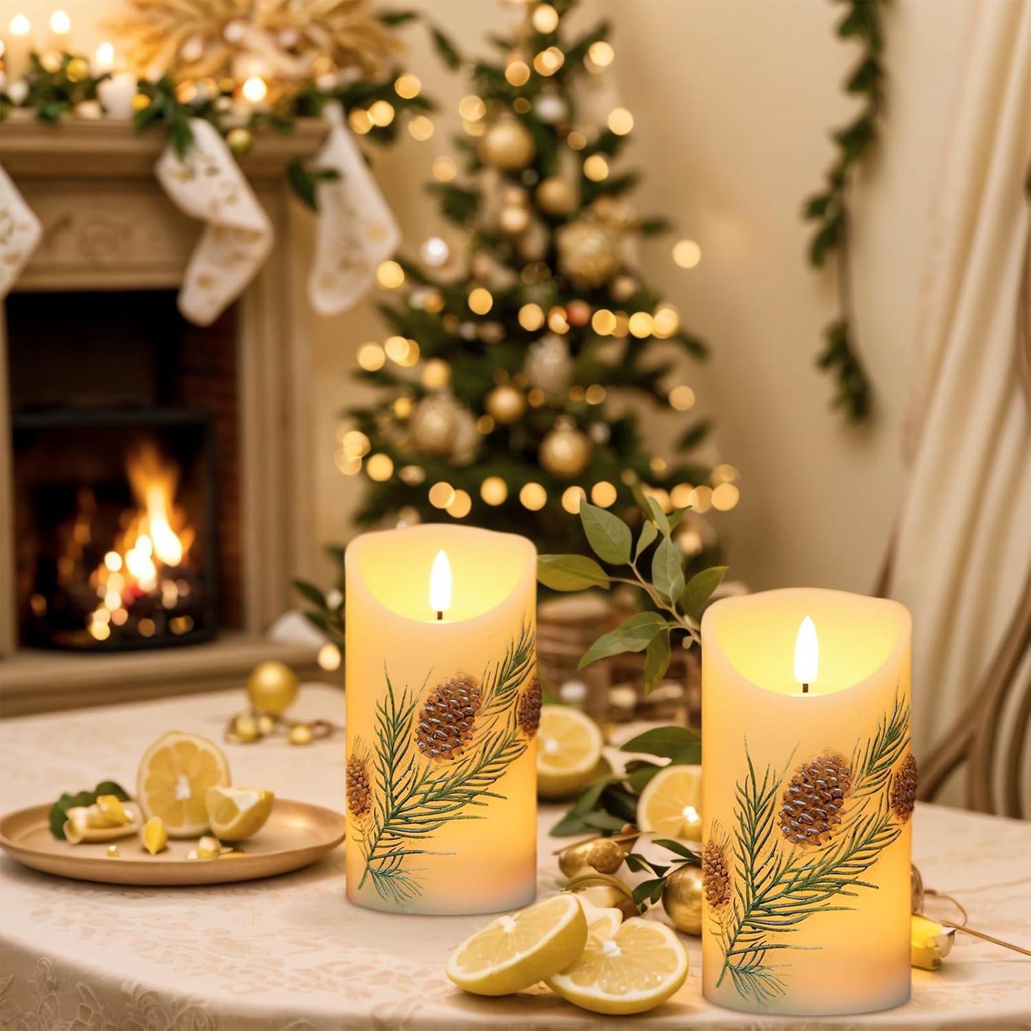 Pinecone LED Candles with 6H Timer, flameless Candles with Flickering Flame, Waxy Pillar 2 Pack Flickering Acorn Decor Woodsy for Fall Christmas Decor (3 inches x 5.7 inches)