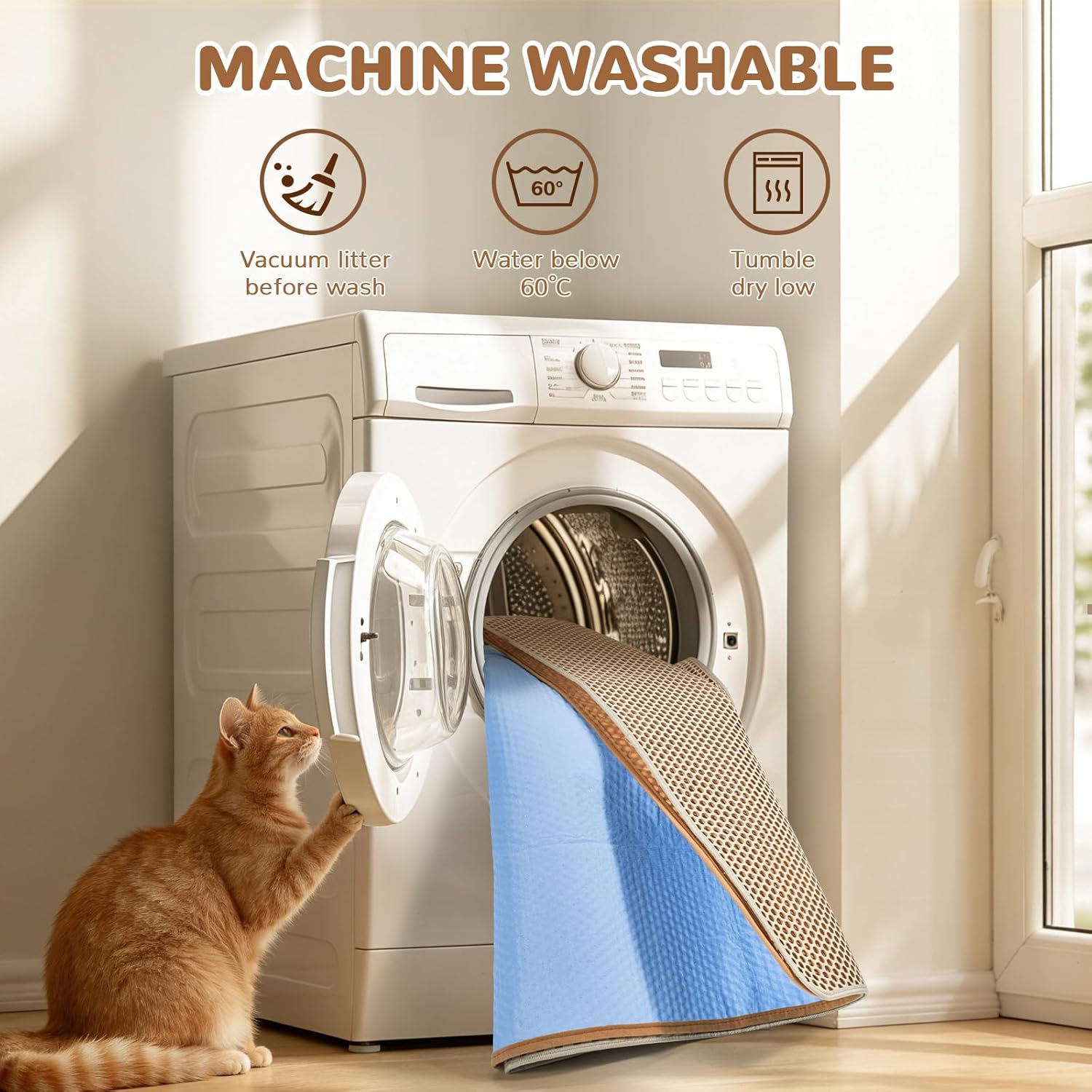 BurgeonNest Cat Litter Mat 47"x35", Machine Washable Leak-Proof & Urine-Resistant Cat Mat, Soft Felt Fabric for Fewer Creases, Non-Slip Double Layer Design for 3-4 Litter Boxes, Khaki