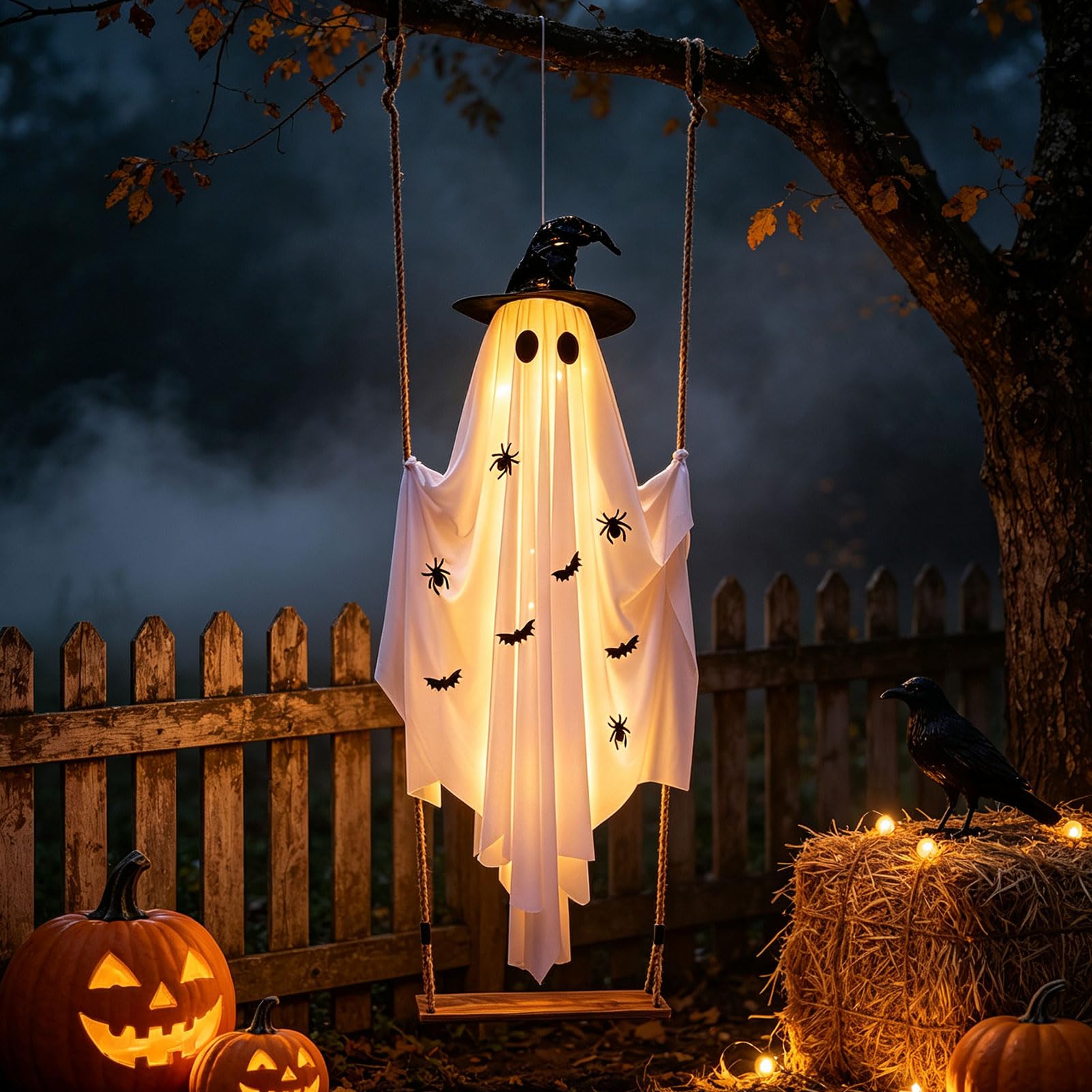 Halloween Deko Geist mit Kürbis Eimer,1.5M Halloween Deko Hängender Geister mit 8 Lichtmodi & Fernbedienung,Gespenster Halloweendeko,Gruselige Windsack für Außen Innen Garten Terrasse Party (D)