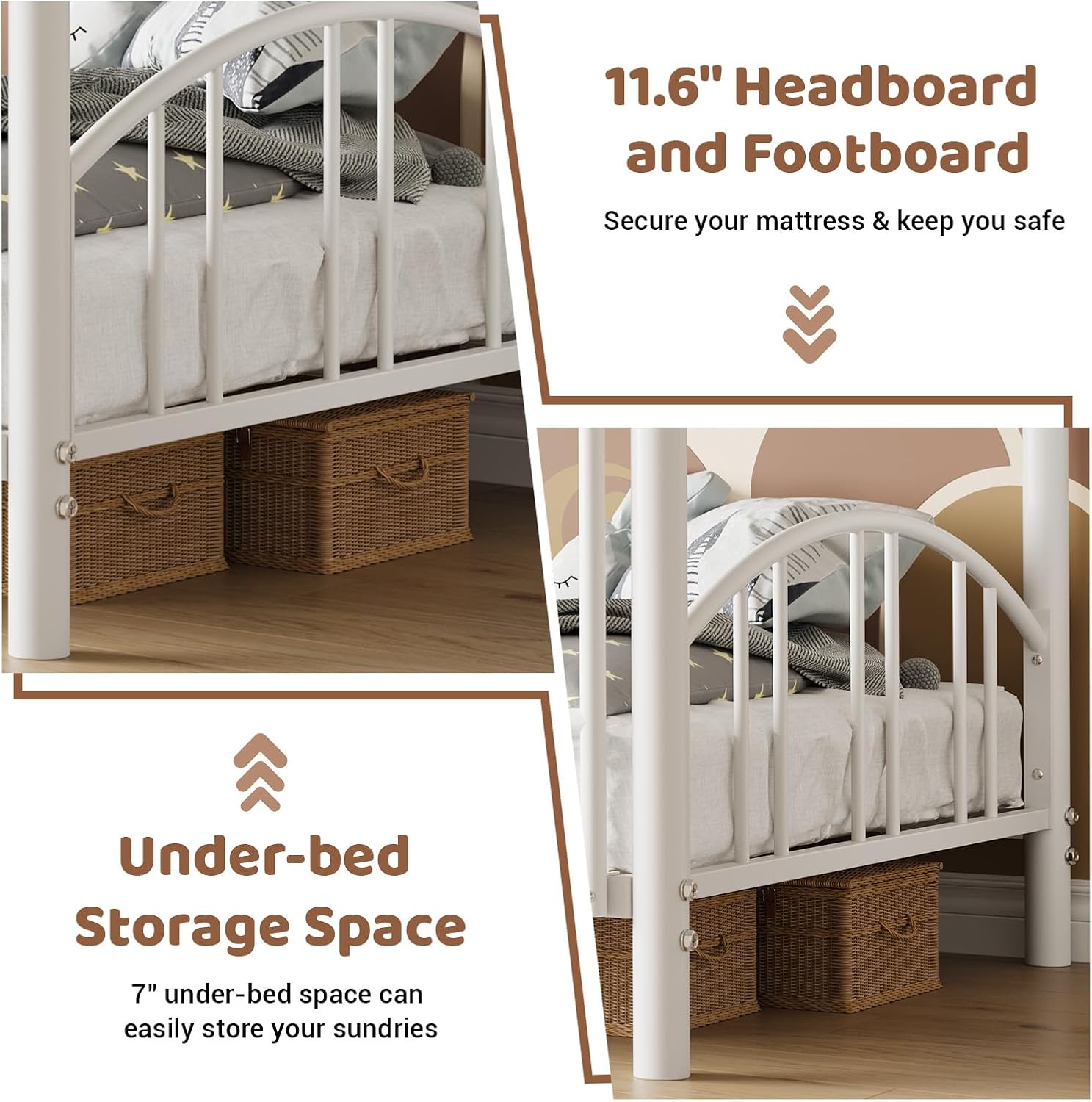 Close-up images showing the 11.6 inch headboard and footboard, and the 7 inch under-bed storage space with baskets.
