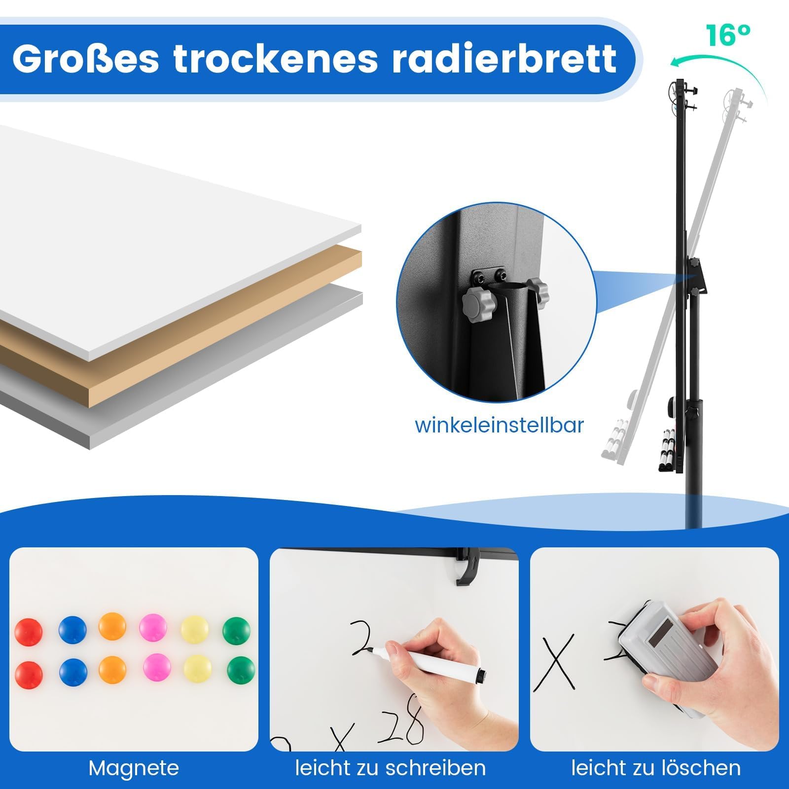 FANTASK mobiles Whiteboard, 100x65cm, Flip Chart auf Rollen, trocken abwischbar, höhenverstellbar bis 192cm, magnetisch, Flipchart Ständer mit Markern, Magneten, rundem Ständer & Radierer