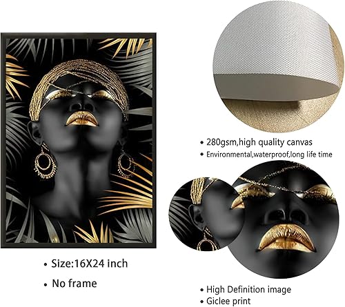 Miniatura 7 de Lienzo afroamericano para pared, diseño de hojas tropicales, pintura de pared de niña negra, pintura de moda pop de maquillaje dorado, pósteres de