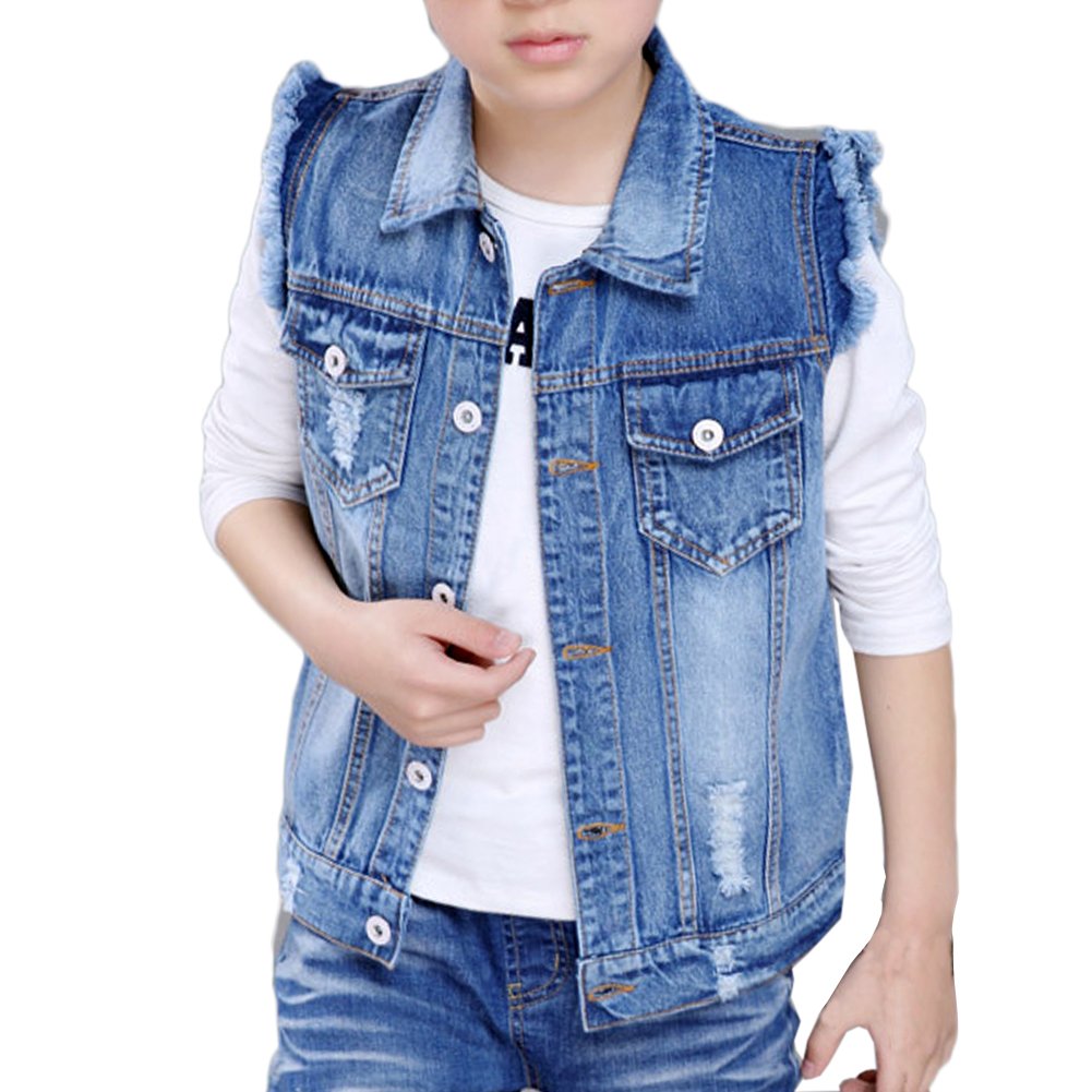 Kids Boys Jacket Denim Coat Jean Waistcoat Tops Blazer Casual Slim Fit Cowboy Denim Vest Blue 150CM