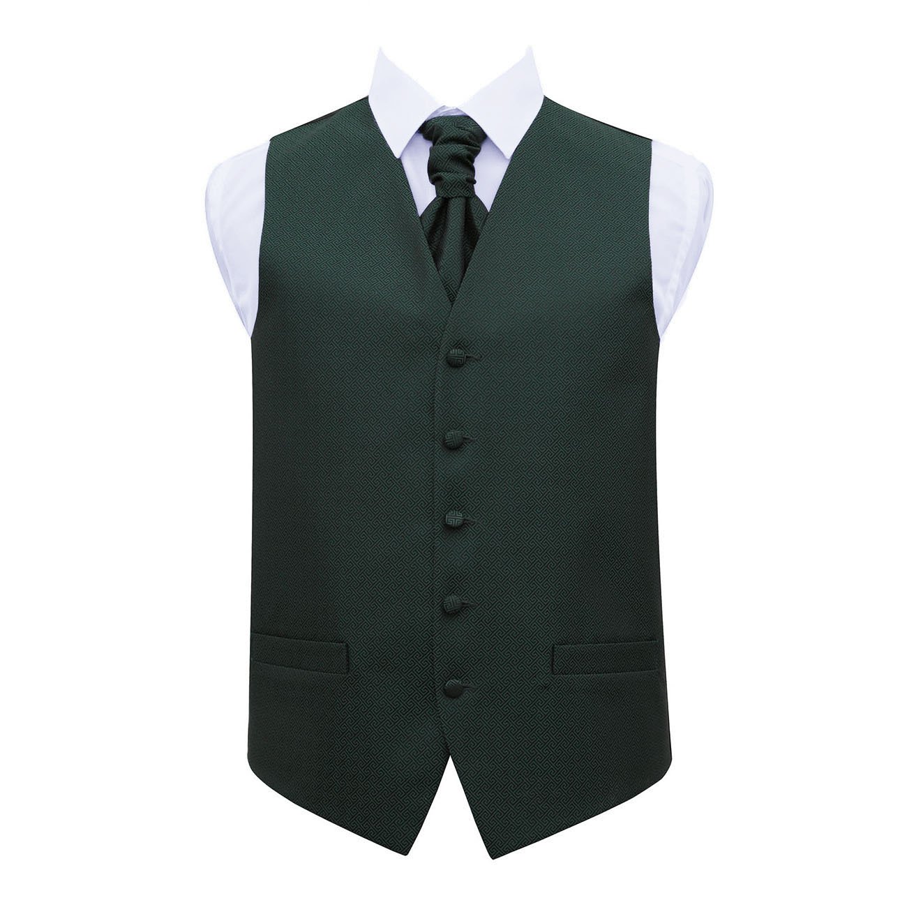 DQT Mens Greek Key Waistcoat & Pre-Tied Scrunchie Cravat Set (2pc) - Wedding, Business & Formal - Dark Green 38" (M)