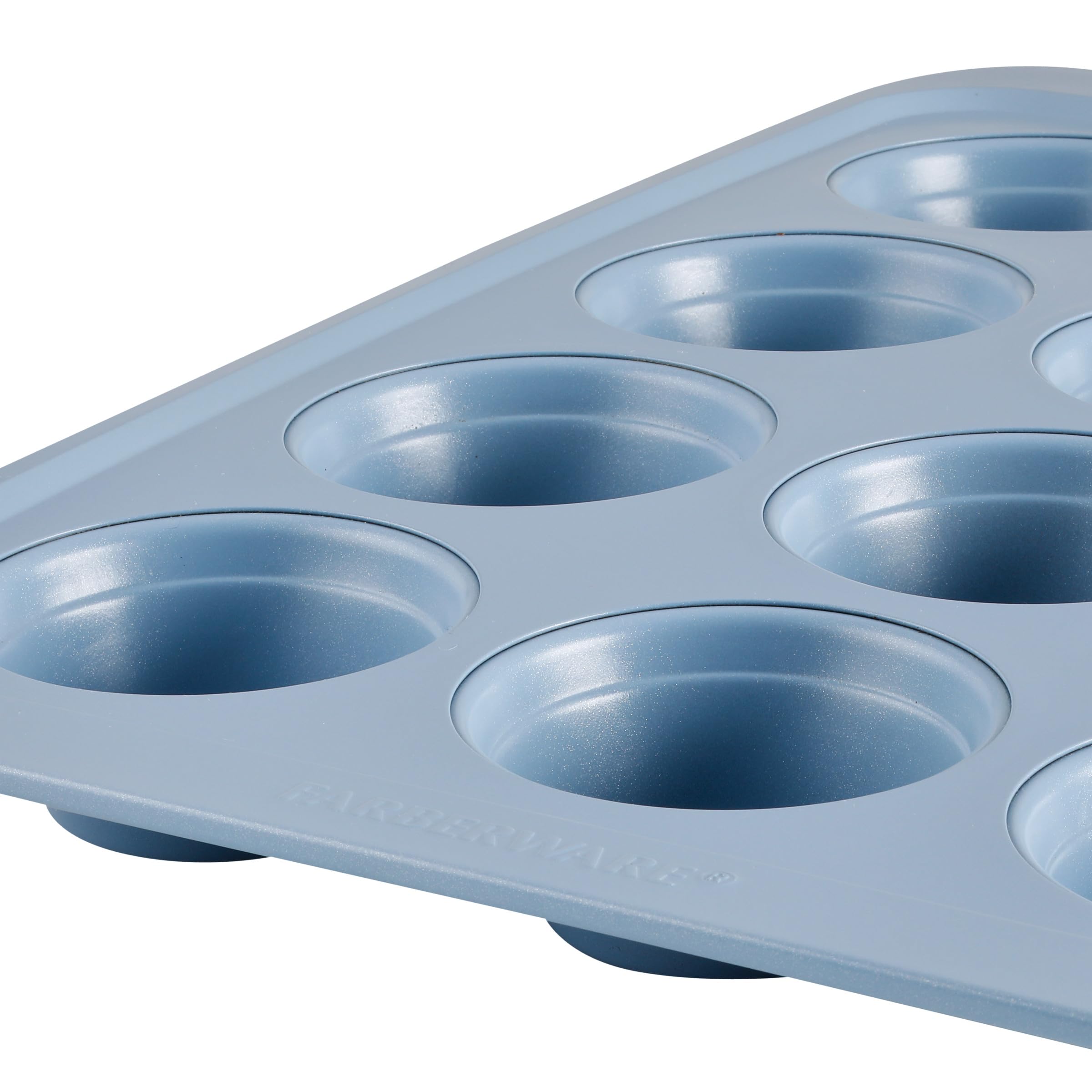 Farberware Easy Solutions - Molde antiadherente para hornear magdalenas/magdalenas, 12 tazas con líneas de relleno, color azul