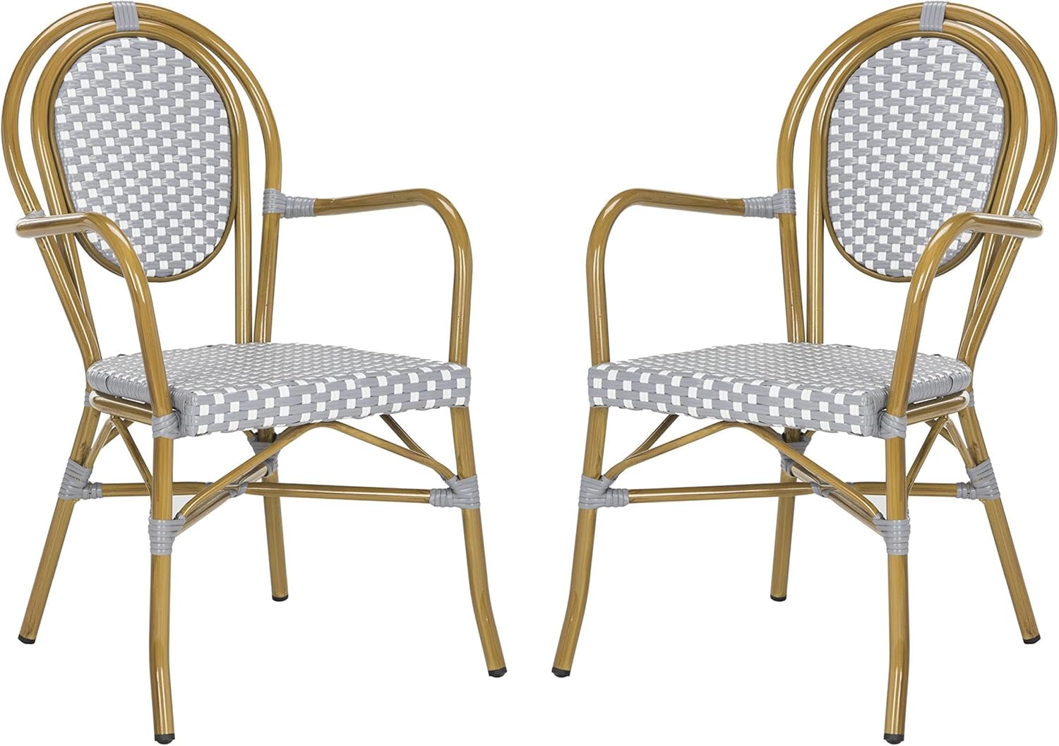 Pemberly Row Wicker Rattan Outdoor Arm Chairs, Gray and White Finish, 35" H x 20" W x 23.5" D, Weather Resistant Bistro Style Dining Chairs, Set of 2 for Patio or Kitchen Seating