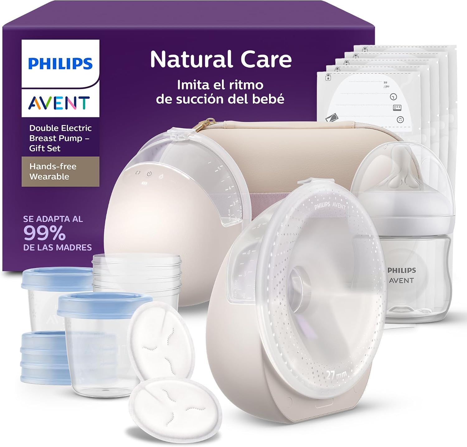 Philips Avent Natural Care portátil Extractor de leche eléctrico doble - Imita el ritmo natural de succión del bebé, cojín de silicona SkinSense, motor de potencia hospitalaria, SCD596/21