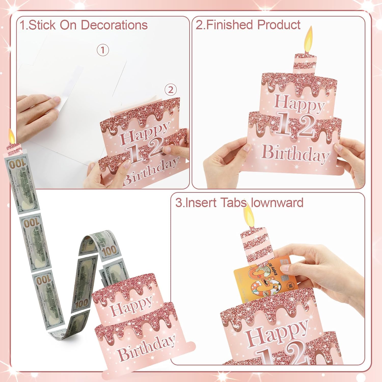 2 in 1 Birthday Gift Card Holder Surprise Cash Gifts Boxes for Money Birthday Themed Waterfall Gift Cards Holder Pink Cake Card Pull Box DIY Cards for Cash Surprise Gifts Family Friends Party Supplies