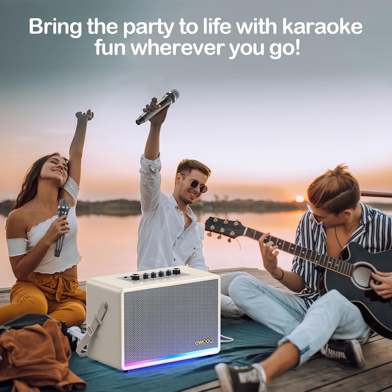 Portable Bluetooth Speaker with 2 Wireless Mics | 70W Peak Deep Bass Birchwood Cabinet | Bluetooth PA System for Outdoor Camping, Backyard| Dynamic LED Lights USB/AUX/OTG Rechargeable Battery (White)