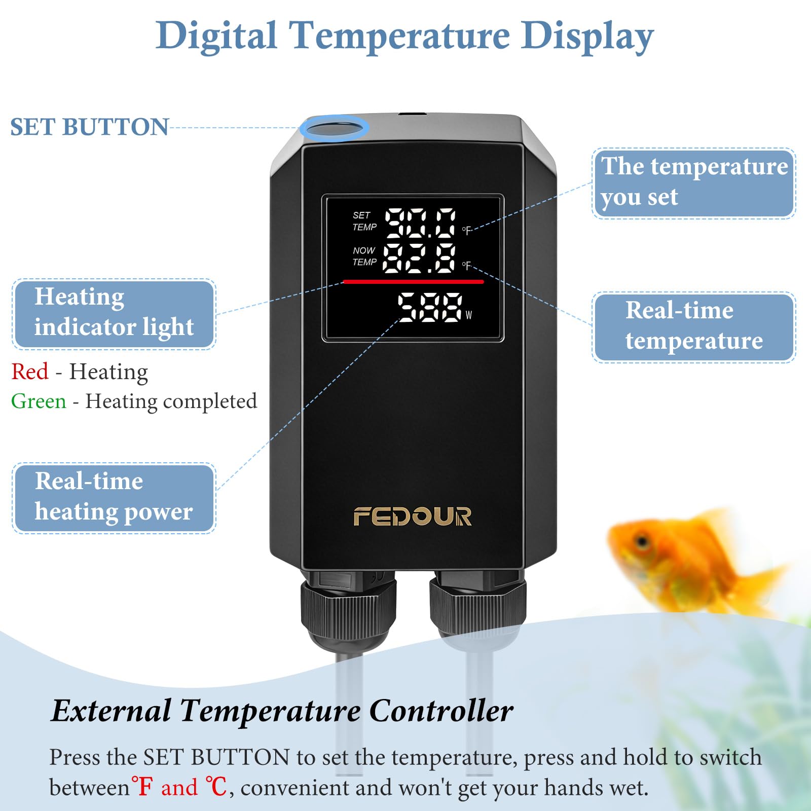 FEDOUR Calentador de acuario de titanio de 600 W y 800 W con controlador digital, calentador de acuario sumergible con protección contra sobrecalentamiento, para tanque de peces y tortugas de hasta