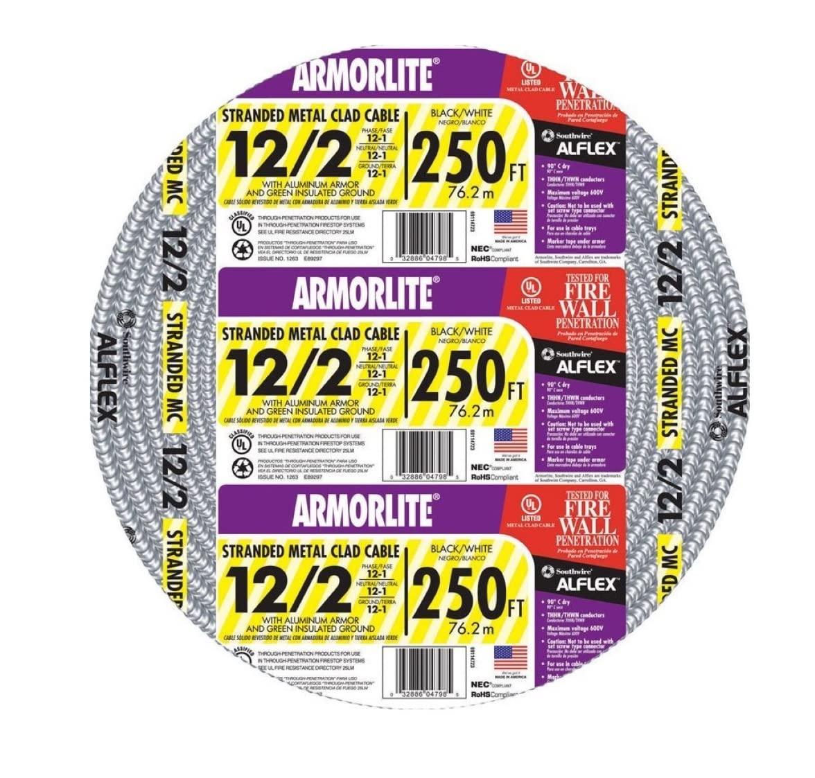 Southwire 250 ft. 12/2 Stranded Aluminum Armored MC Cable Black/White/Green