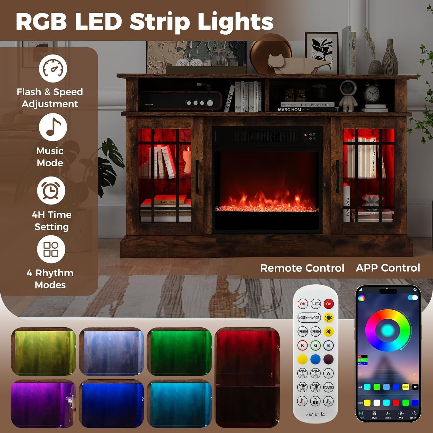 RGB LED strip lights features, including flash and speed adjustment, music mode, 4-hour time setting, and 4 rhythm modes, with remote and app control options