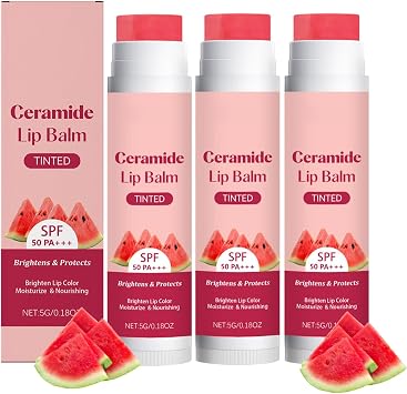 Watermelon Tinted Lip Balm SPF 50 PA+++, Nicotinamide Tinted Lip Balm with Shea Butter, Kojic Acid and Niacinamide, for Moisturizing and Nourishing the Lips, Non-sticky, Lip Care Formula 3PC