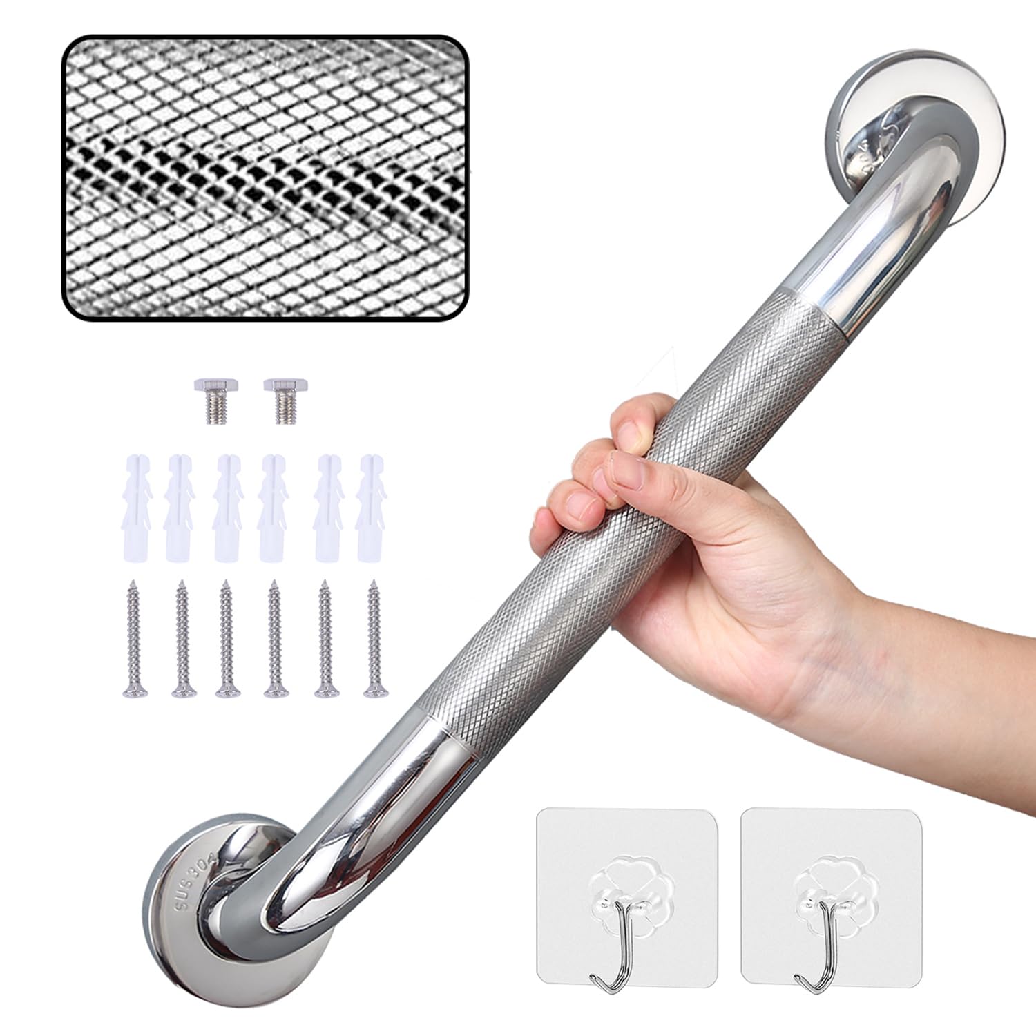 16 Inch Φ:32MM Anti Slip Shower Grab Bar Handle, Chrome Knurled Stainless Steel Bathroom Grab Bar, Safety Bathroom Balance Bar Hand Rail Support, Handicap Elderly Senior Assist Bath Handle