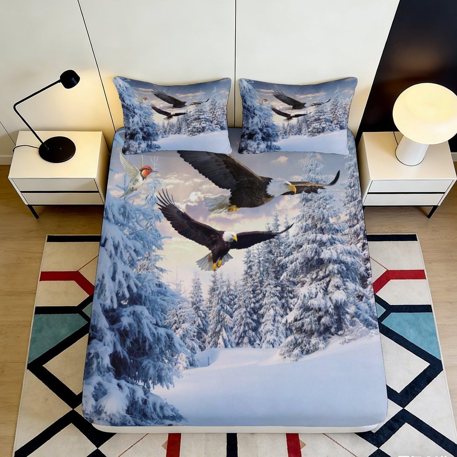 3D Printed Winter Forest Eagle Fitted Sheet Microfiber Soft Durable Snow Landscape Bed Cover for Bedroom Dormitory Guest Room Mattress Protection Decor 140x200x25cm