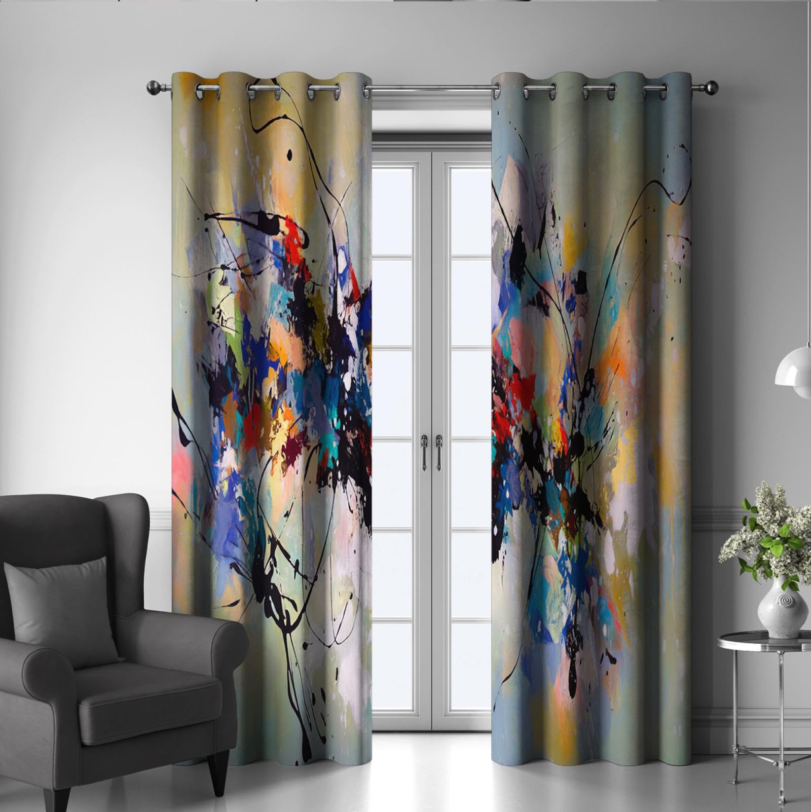 Amazon｜水彩落書き窓カーテンカラフルなインクアート装飾遮光カーテン
