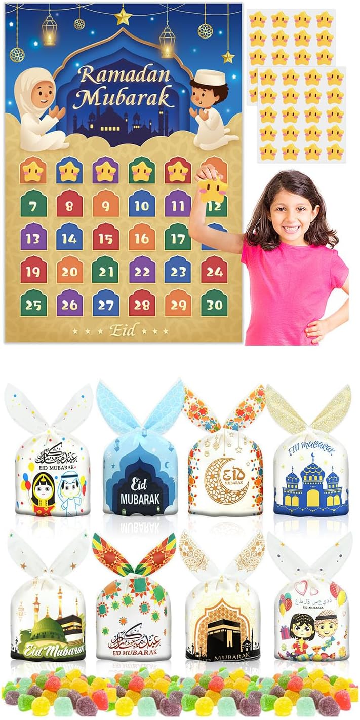 AhfuLife Ramadan Eid Mubarak Countdown Calendar Decoration for Kids, 80 PCS Ramadan Eid Mubarak Candy Bags