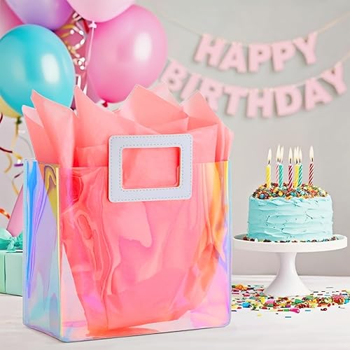 Miniatura 65 de Bolsa de regalo holográfica con papel de seda, reutilizable, bolsa de regalo de cumpleaños para mujeres y niñas, iridiscente, despedida de soltera