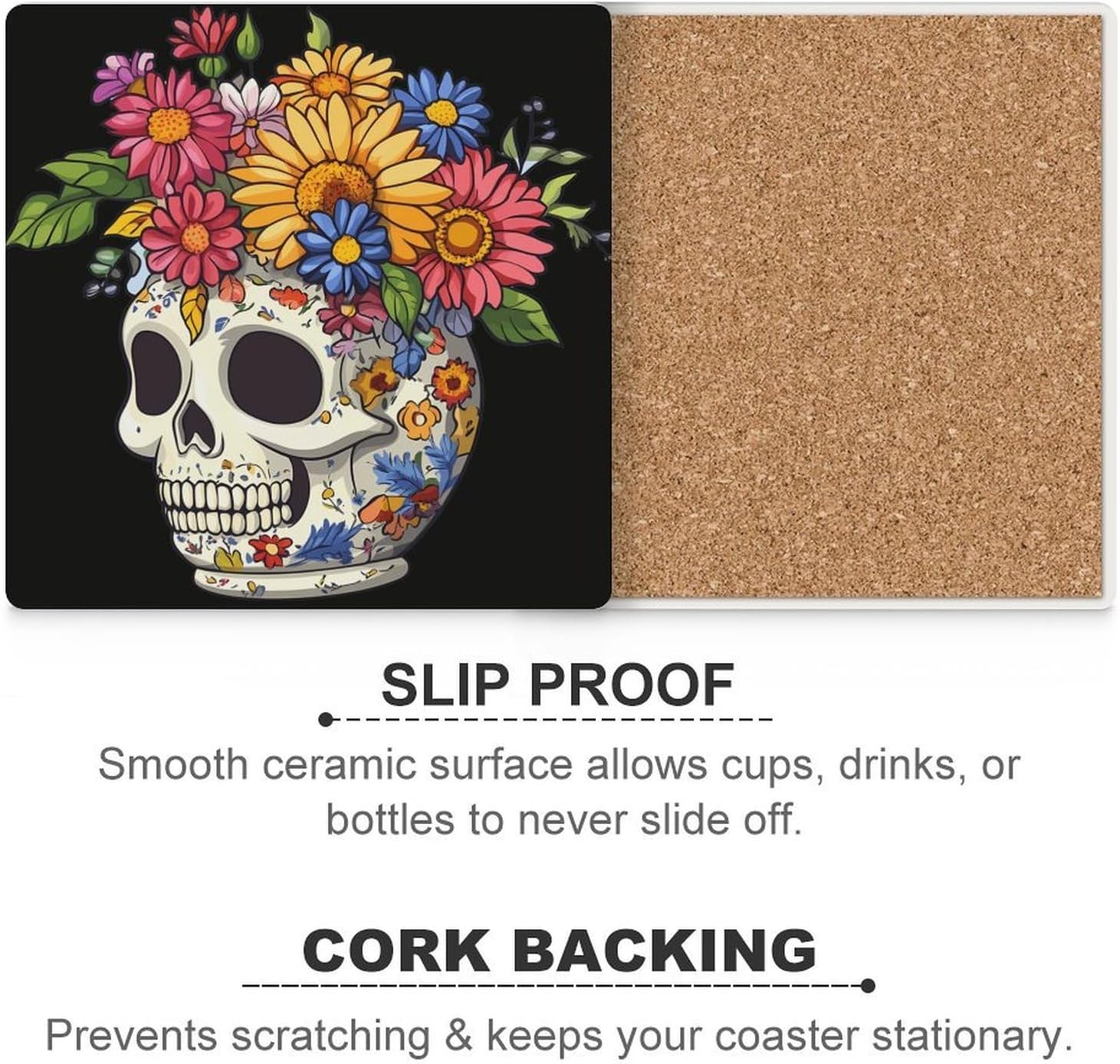 Flower Skull Ceramic Coasters Set Square Drink Coasters Table Coaster for Kitchen Desktop Decor