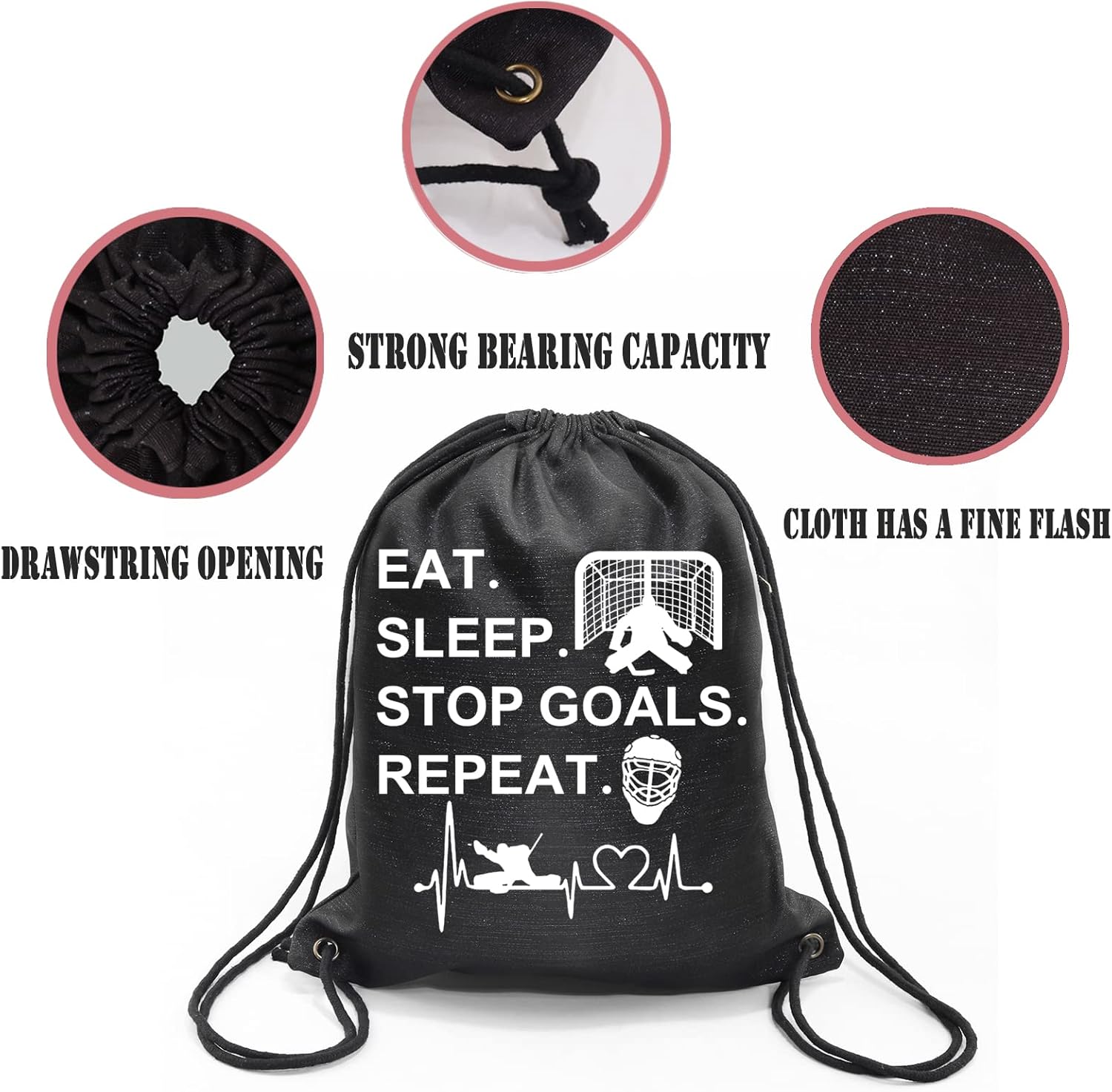 PXTIDY Hockey Bag Hockey Goalie Gift Eat Sleep Stop Goals Repeat Drawstring Backpack Hockey Sport Sackpack - Image 3