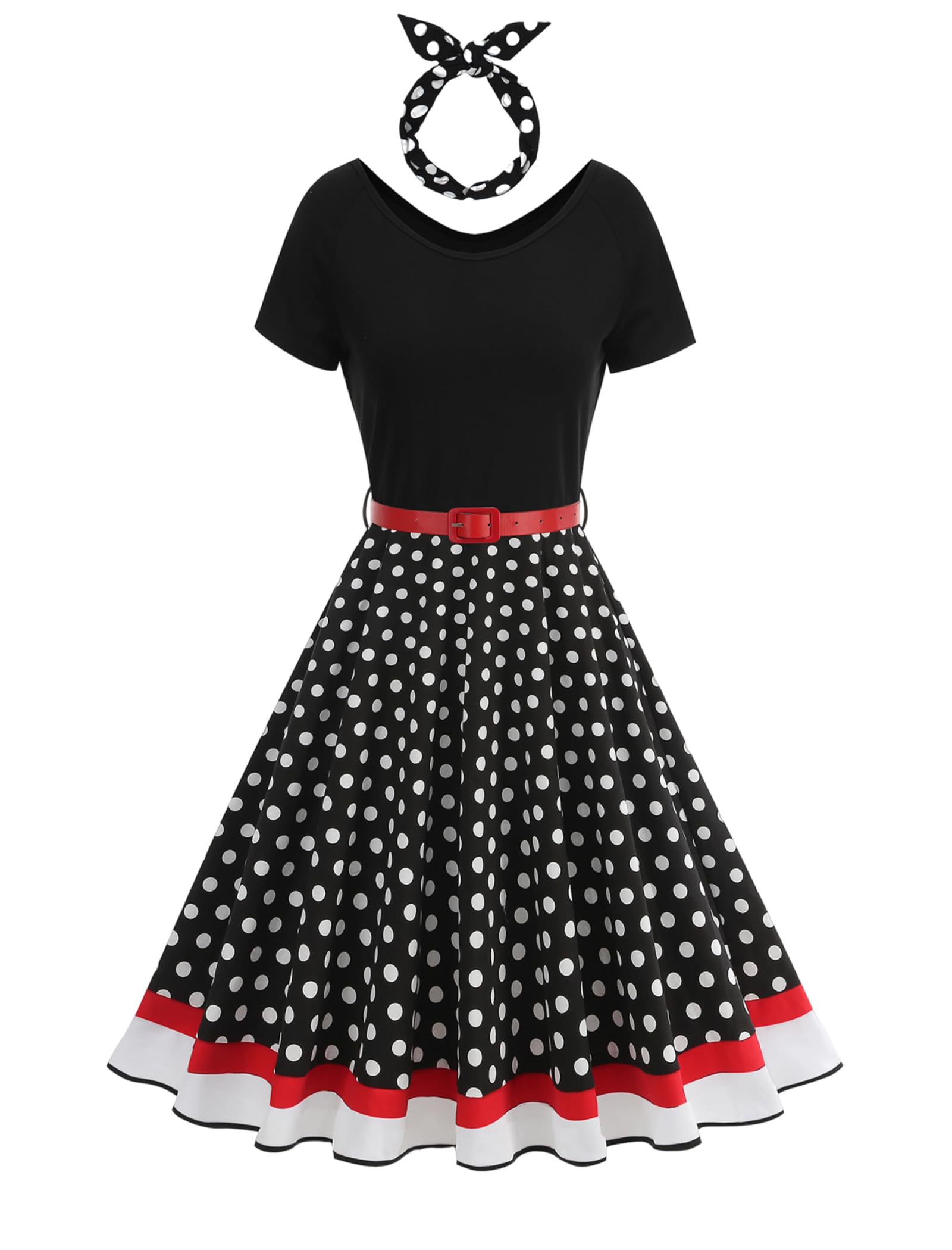 Odizli Rockabilly Kleider Damen 50er Jahre Vintage Sommer Kurzarm Polka Dot Swing Knielang Coctailkleid mit Stirnband