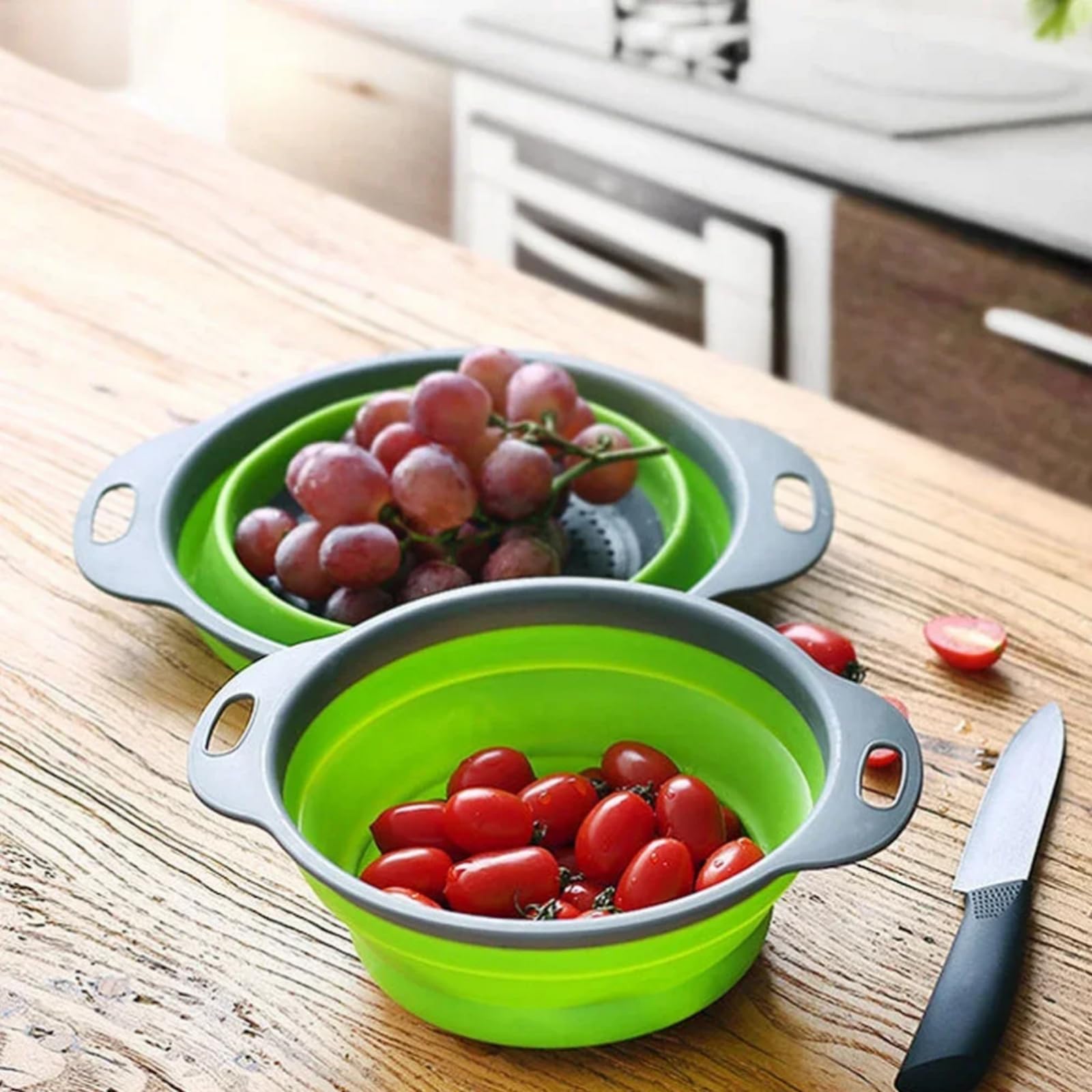 Colador plegable para cocina, paquete de 2, colador sobre fregadero con base autodrenante, juego de colador de gran capacidad para pasta, verduras y frutas, apto para lavavajillas (azul, 30 x 24,2 cm)