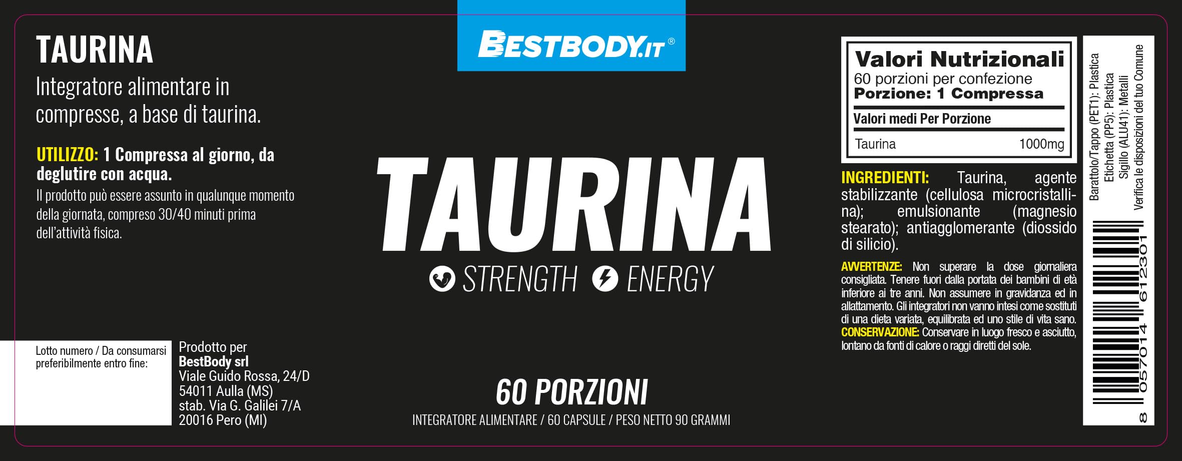 BestBody - Taurina 1000 mg - Supporta la Concentrazione e Contrasta la Fatica Muscolare, Supporto in Palestra e Sportivi, 60 Compresse