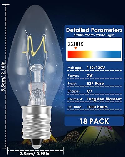 Miniatura 2 de PACETAP Paquete de 18 bombillas de repuesto de luz nocturna C7 de 7W con base de candelabro E12 para lámparas de sal, velas de ventana y