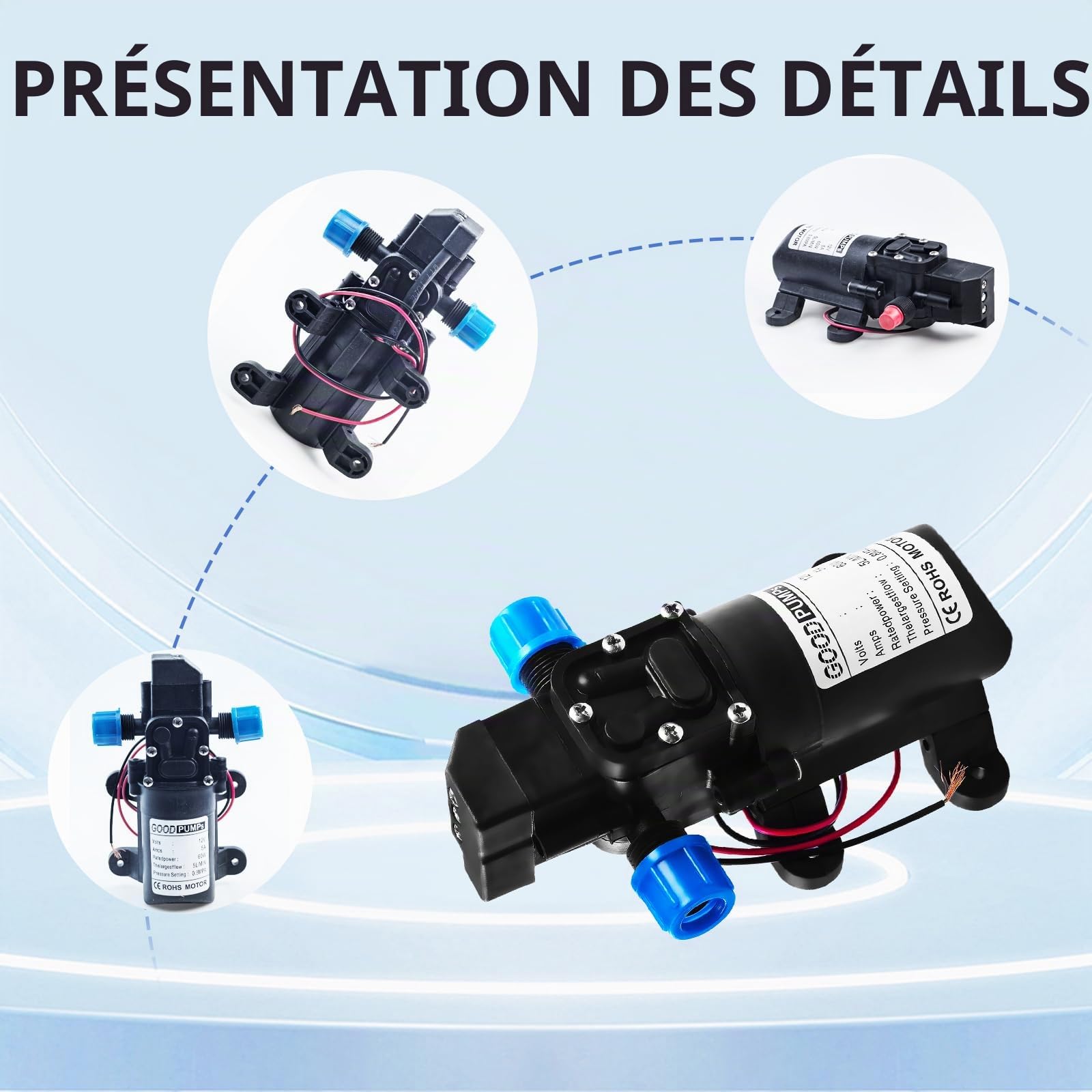 Pompe à eau 12V auto-amorçante, haute pression automatique avec pressostat pompe de camping 60W 4,5 L/min, pompe à membrane pour nettoyage de voiture bateau jardin irrigation camping-car caravane