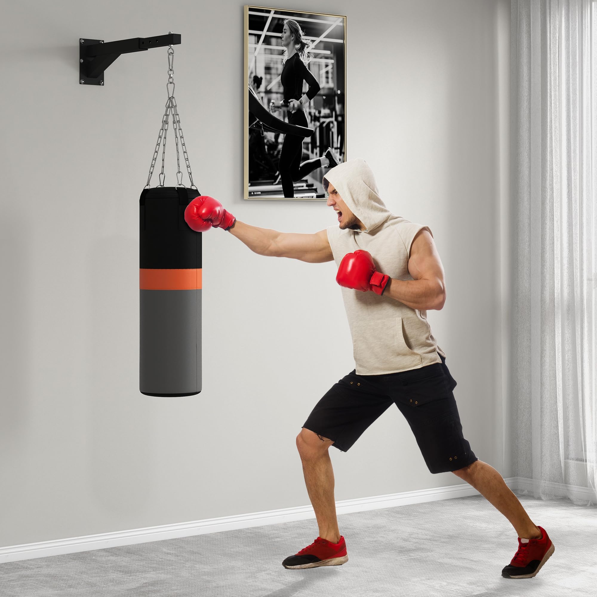 SPORTNOW Soporte Saco Boxeo de Pared, Distancia Ajustable 45-65 cm, Gancho Giratorio 360°, Cadenas, Carga 60 kg, Negro