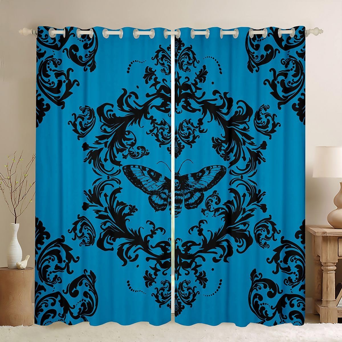 Feelyou Gothic Boho Skull Curtains for Bedroom Living Room Blue Damask Print Blackout Shades Goth Bohemian Floral Room Darkening Curtain Window Treatments, 2 Panels 42 x 63 Inch Decor