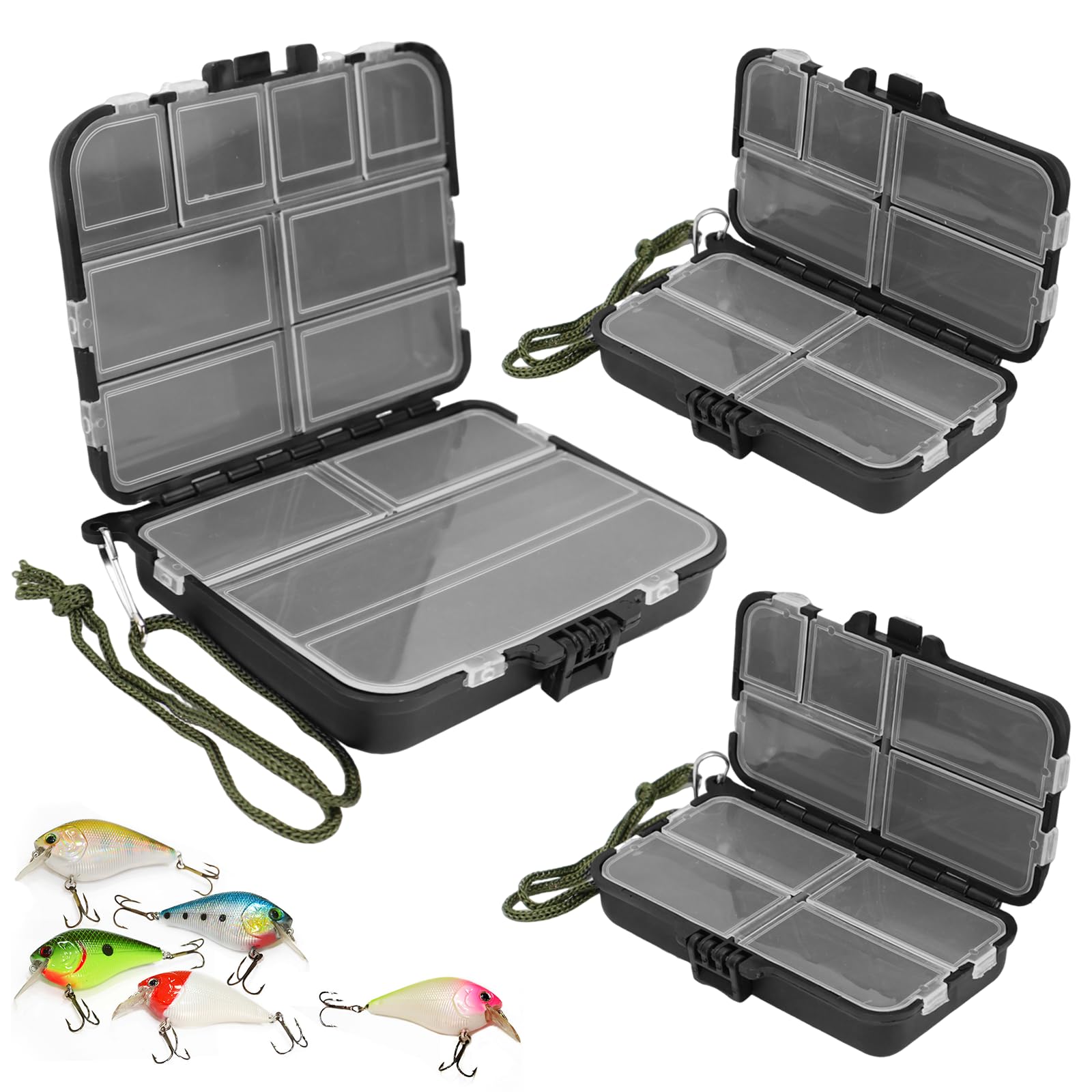 KOUHA 3 pcs Boite Peche Boîte de Pêche à Double Couche Boite Leurre Peche Transparent avec Dragonne pour Appâts Durs Wobbler Rangement des Leurres Accessoires