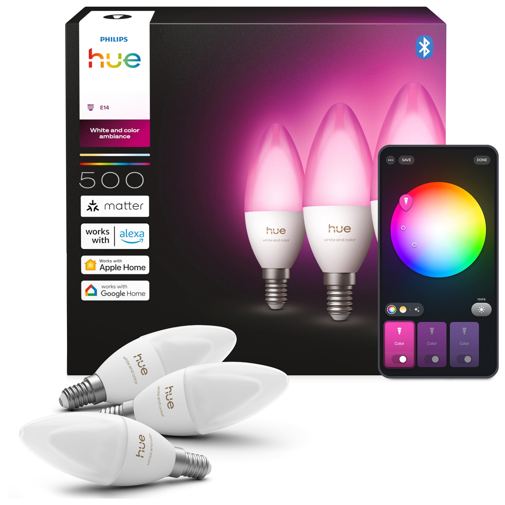 Philips Hue Smart LED-Lampe, B39, E14, 3er Pack, White and Color Ambiance, Vollspektrumlicht 1.000 K–20.000 K, 500 lm, Extrem Niedrig Dimmbar, Chromasync, Alexa, Google Home, Apple Home