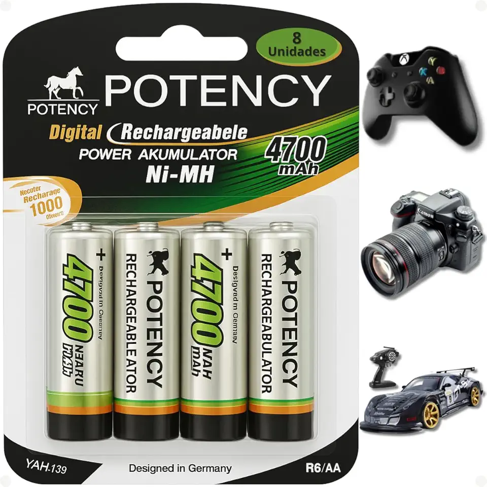 Kit 8 Pilhas Recarregáveis AA 4700mAh - Blister com 8 Unidades - Rechargeable Ni-MH Batteries - 1.2v - Ideal para Controle de Vídeo Games, Controles Remotos, Microfones Sem Fio, Câmeras e Brinquedos