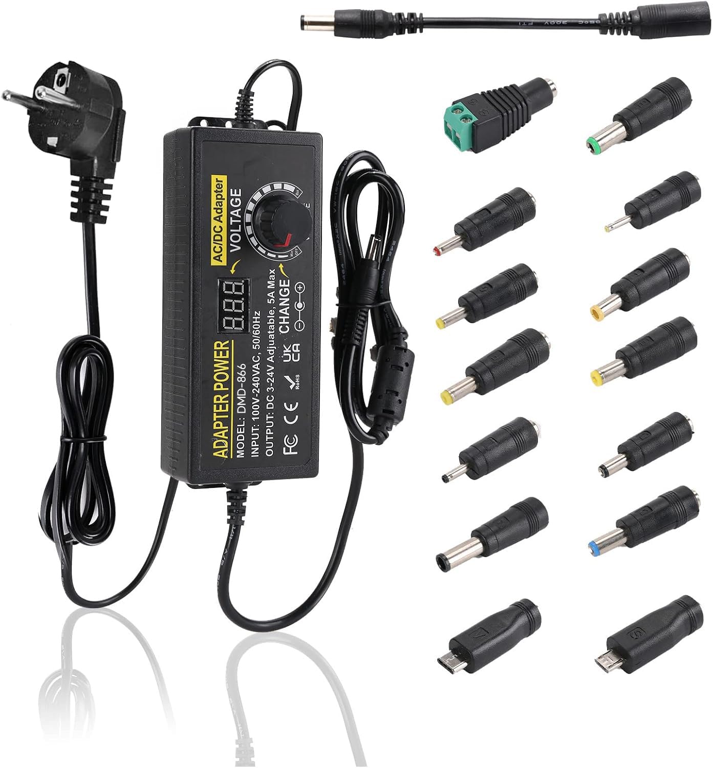 Universal Netzteil 3V-24V 5A 120W Einstellbares Netzteil AC/DC Netzteiladapter 100V-240V AC zu DC mit 14 pcs Adapter Stecker für Haushaltsgeräte LED Beleuchtung, DVD, TFT Monitor, Lautsprecher