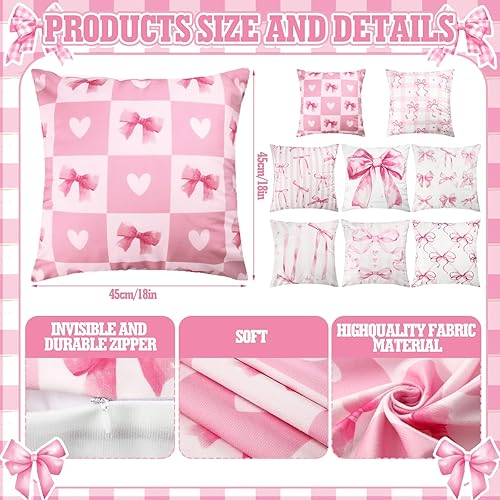 Miniatura 2 de Juego de 8 fundas de almohada con lazo rosa de 18 x 18 pulgadas, coqueta rosa, decoración de habitación, juego de fundas de almohada con lazo